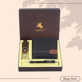 LONDON ALLEY Ash Classic Black Leather Wallet, Keyring & Pen Combo Gift Hamper for Men
