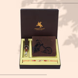 London Alley Harley Rakhi Gift Hamper for Brother - Men's Vintage Brown Leather Wallet, Keyring and Rakhi Combo Gift Set for Brother