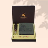 London Alley Harley Rakhi Gift Hamper for Brother - Men's Vintage Brown Leather Wallet, Keyring and Rakhi Combo Gift Set for Brother