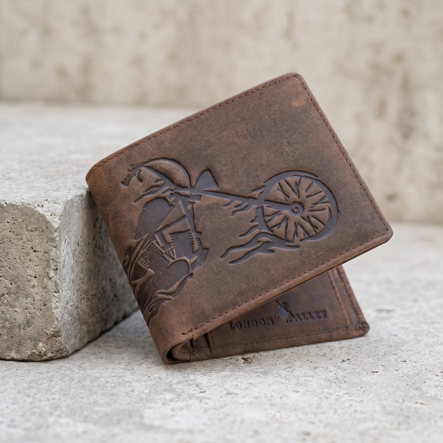 LONDON ALLEY Biker Vintage Brown Leather Wallet for Men with 3 card slots.