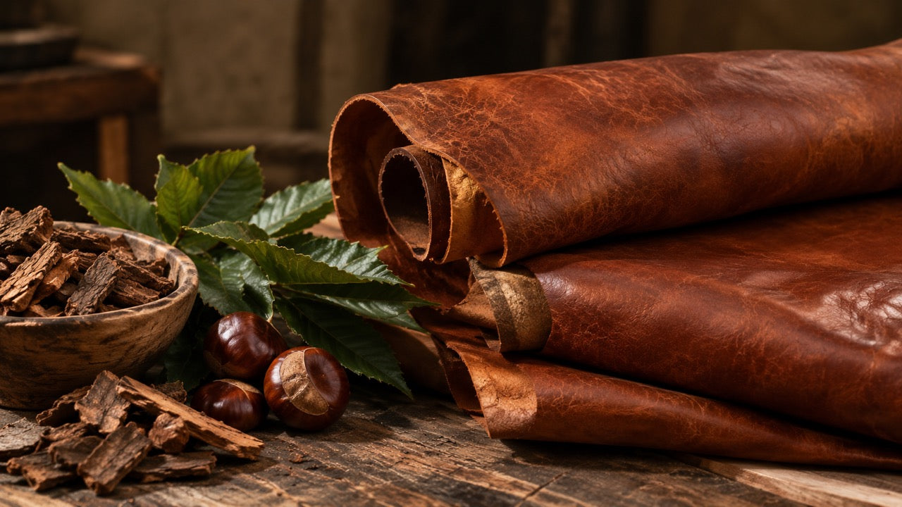 Brown leather rolls beside bark, leaves and chestnuts