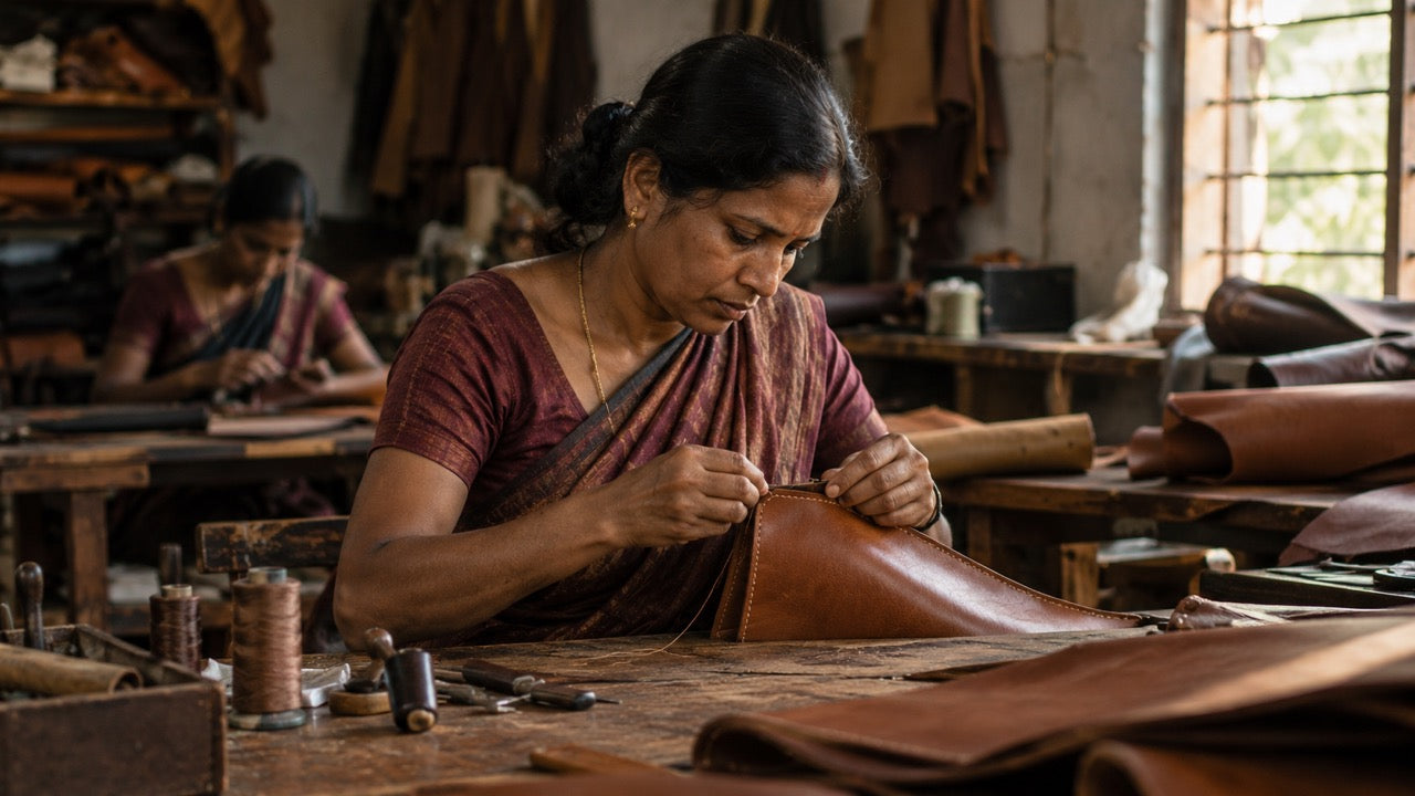 Woman artisan hand stitching leather in a workshop