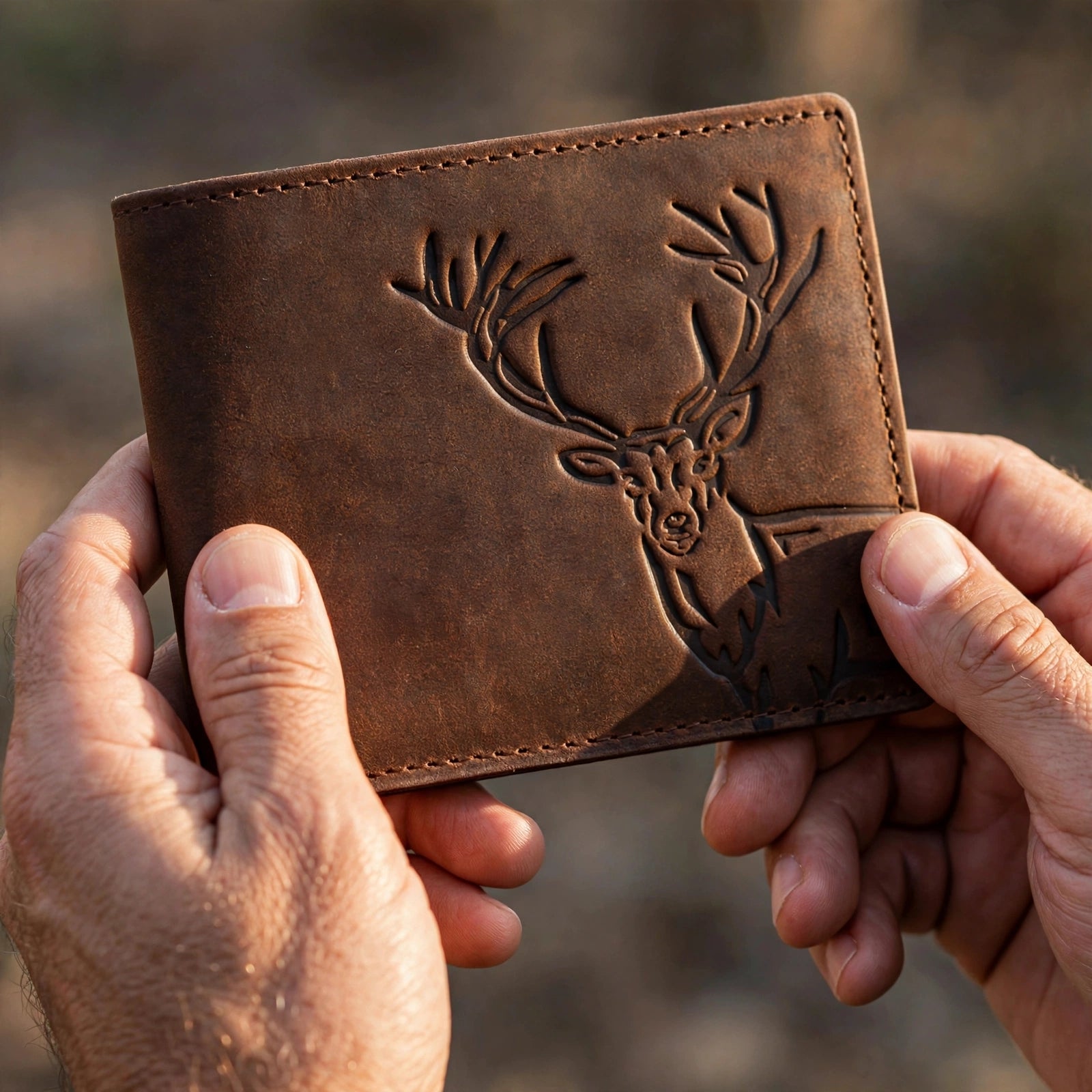 Brown London Alley elk embossed leather wallet held in two hands