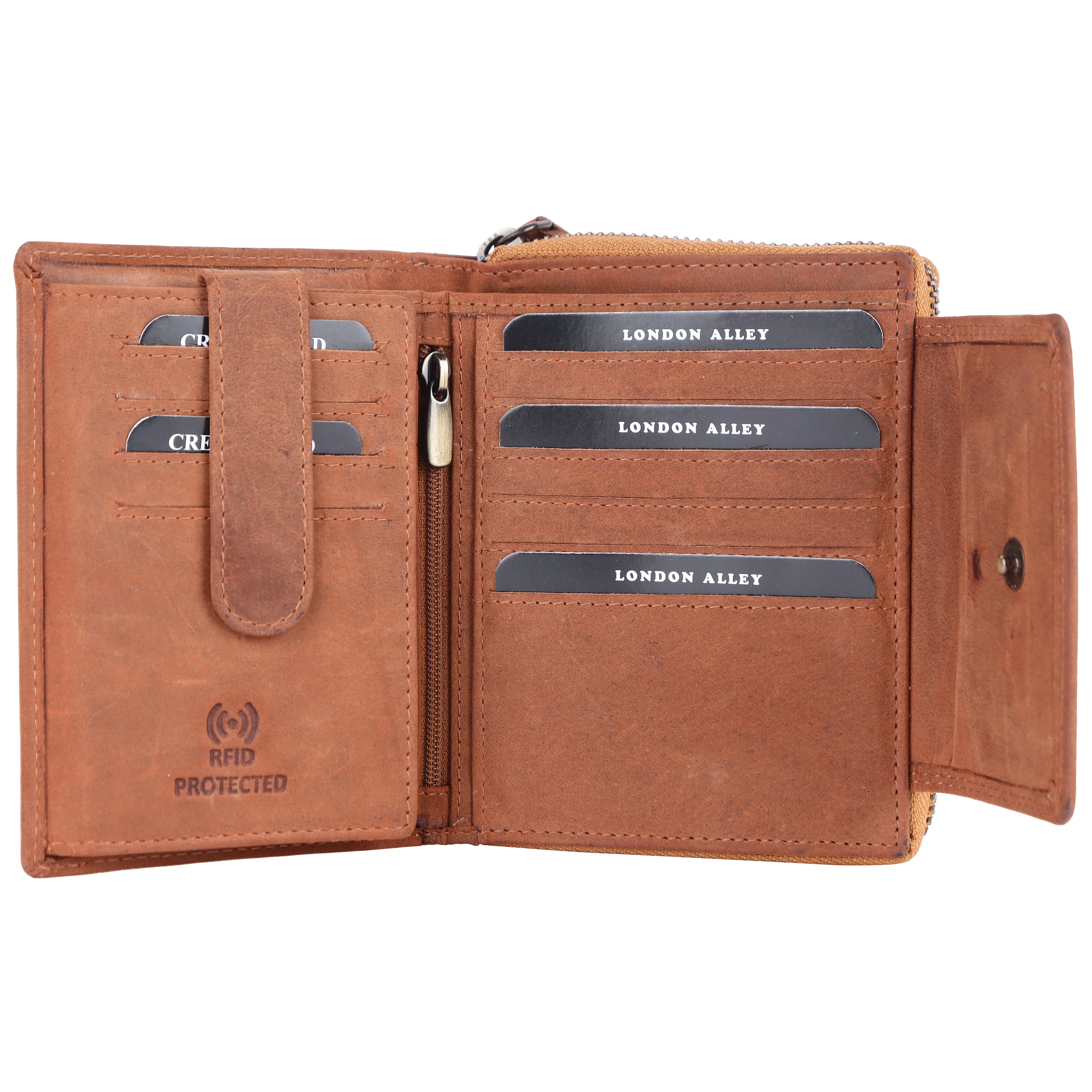 LONDON ALLEY Diva Tan Ladies Card Case with Multiple card slots and zippered compartments.