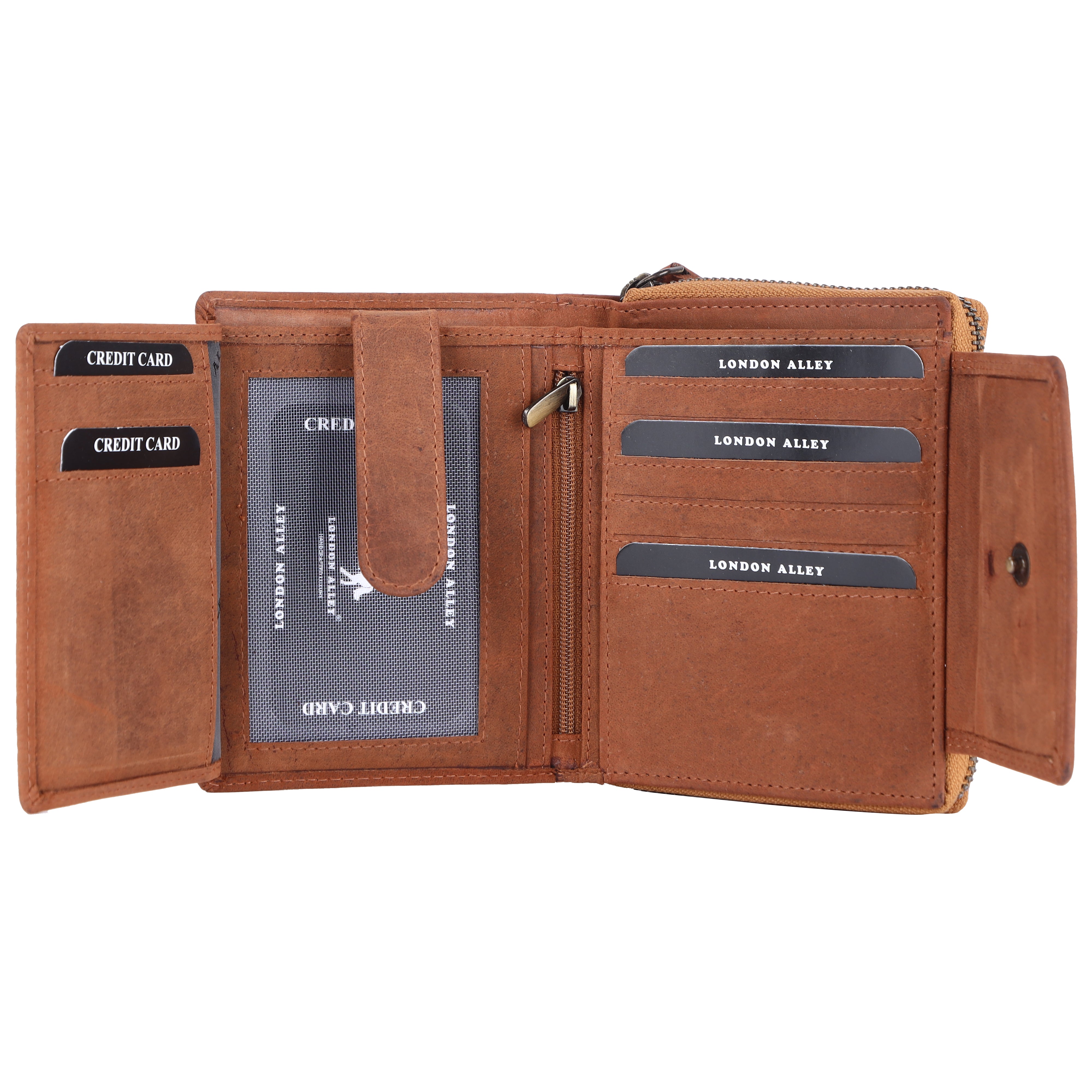 LONDON ALLEY Diva Tan Ladies Card Case with Multiple card slots and zippered compartments.