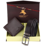 LONDON ALLEY Rakhi Gift Hamper - Classic Brown Leather Wallet, Reversable Brown/Black Belt & Traditional Rakhi Combo Gift Box for Men