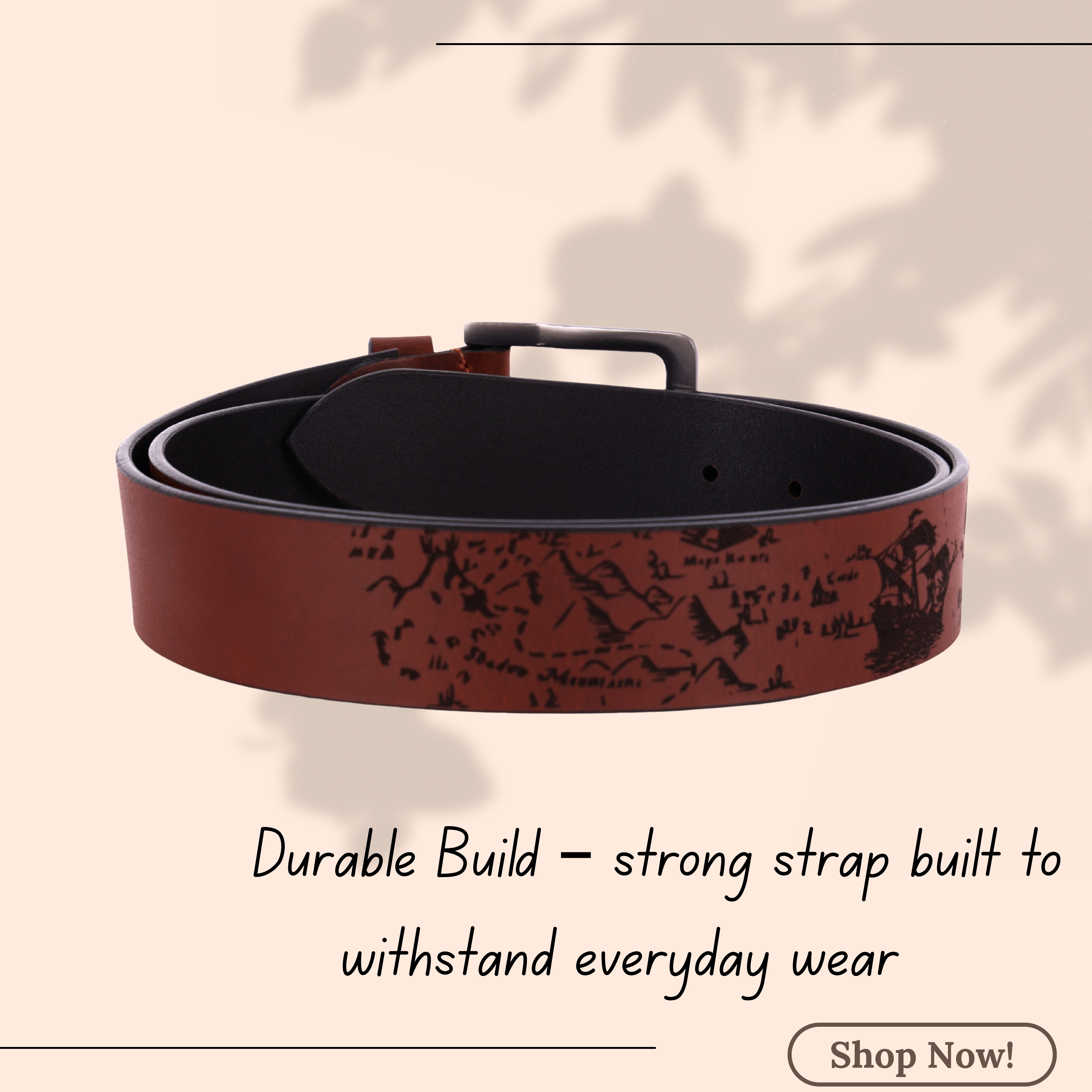 LONDON ALLEY Dark Brown Leather Belt for Men | Adjustable waistband upto 46 inches | Unique Printed design on the Belt