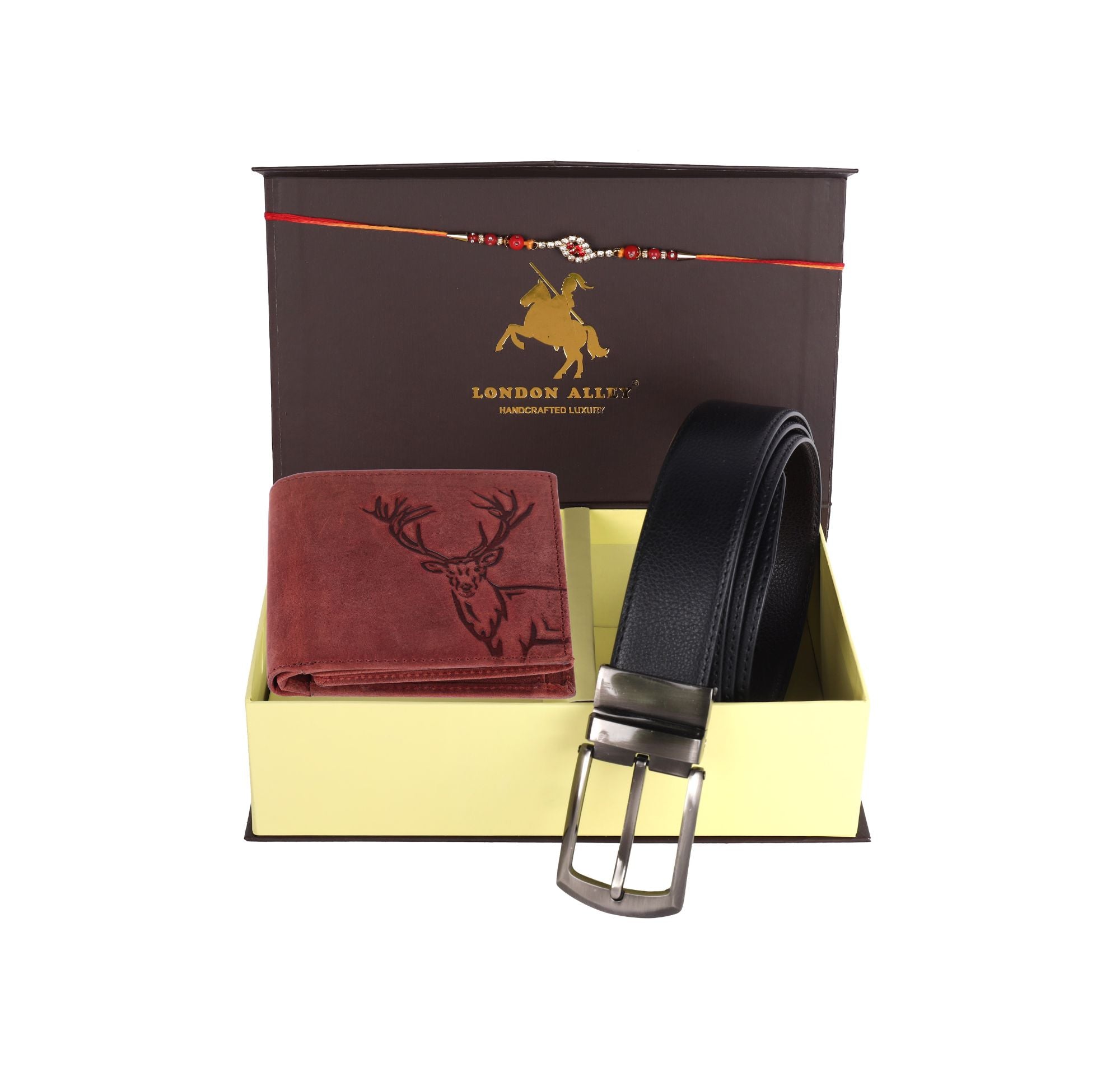 LONDON ALLEY Rakhi Gift Hamper - Harley Vintage Brown Leather Wallet, Reversable Brown/Black Belt & Traditional Rakhi Combo Gift Box for Men