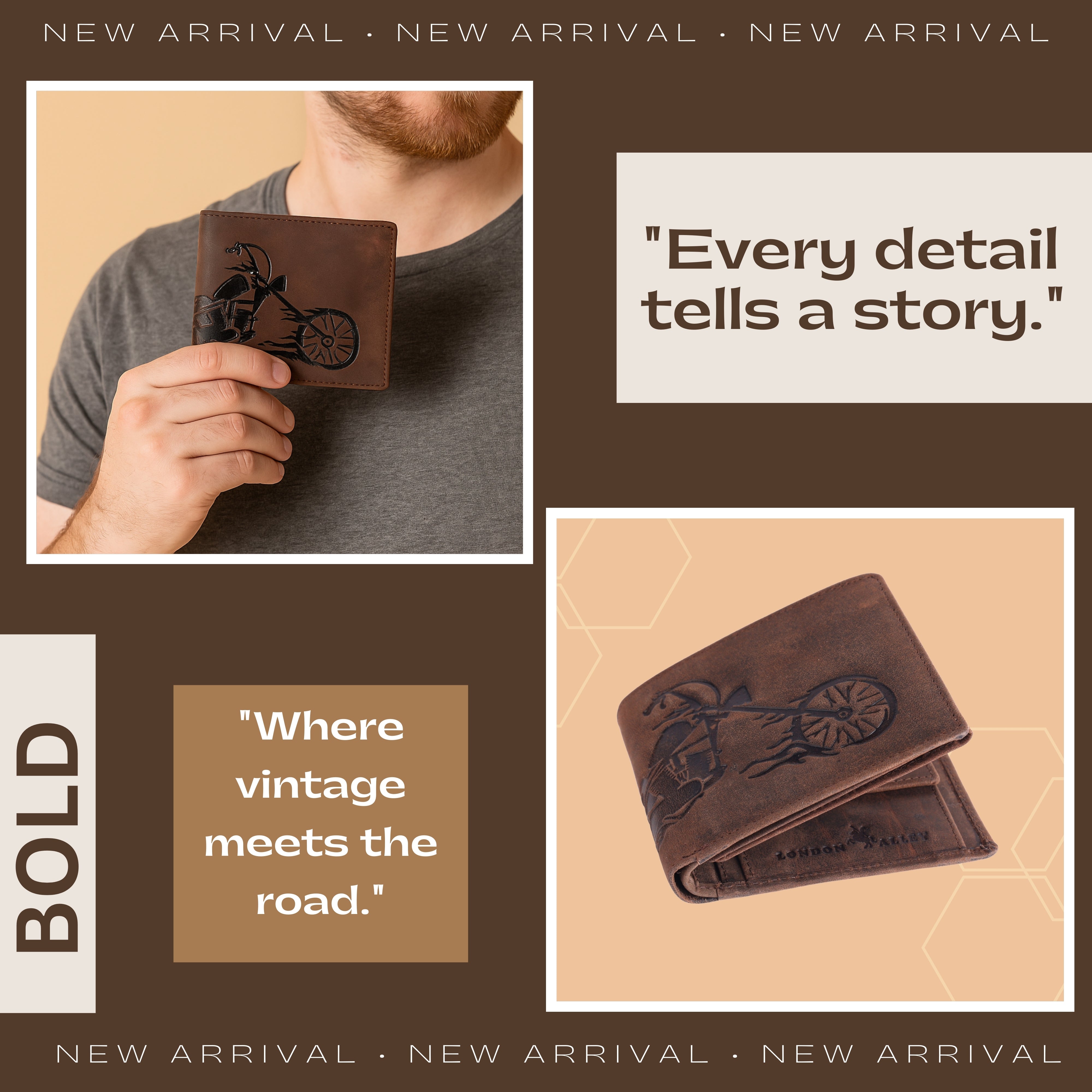 LONDON ALLEY Biker Vintage Brown Leather Wallet for Men.