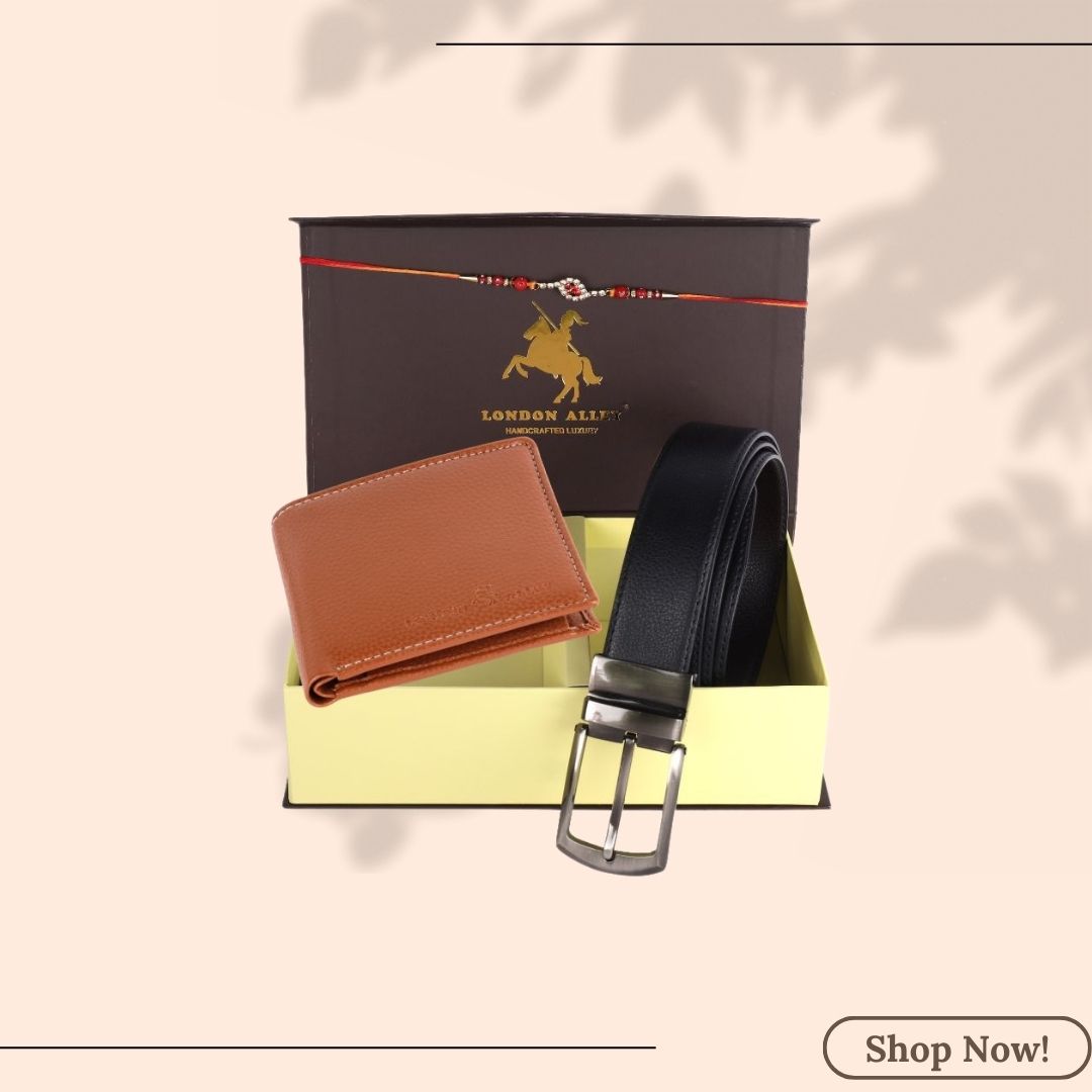 LONDON ALLEY Rakhi Gift Hamper - Classic Brown Leather Wallet, Reversable Brown/Black Belt & Traditional Rakhi Combo Gift Box for Men