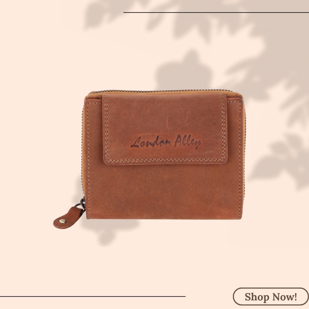 LONDON ALLEY Diva Tan Card Case with Multiple card slots and zippered compartments.