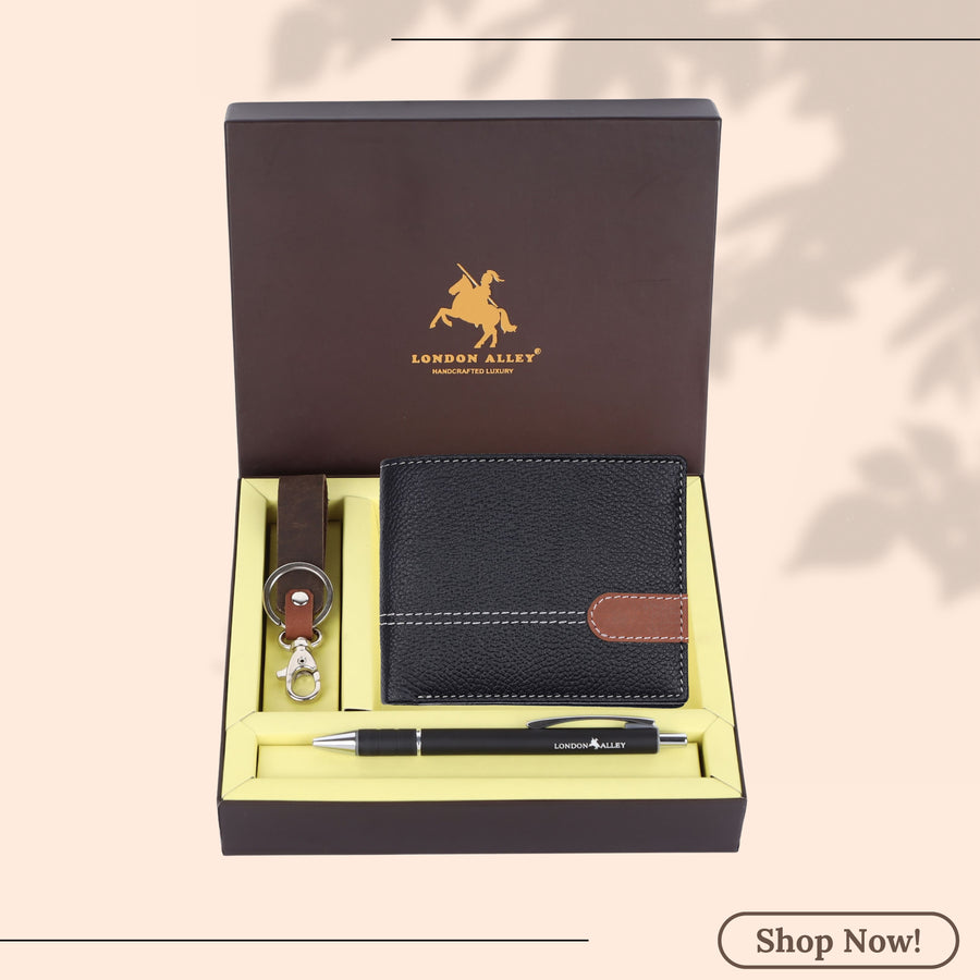 LONDON ALLEY Ash Classic Black Leather Wallet, Keyring & Pen Combo Gift Hamper for Men