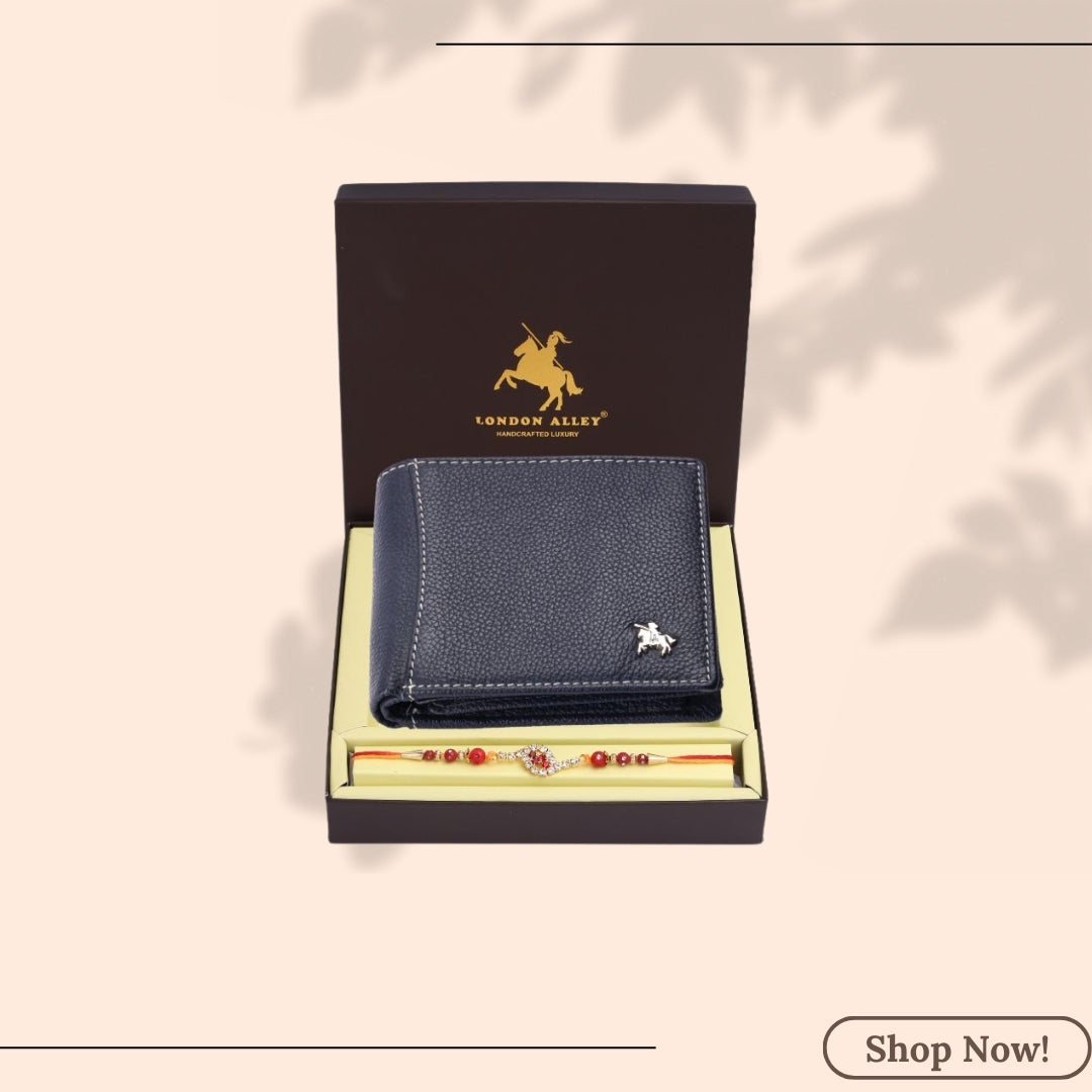 LONDON ALLEY Rakhi Gift Hamper for Brother - Classic Brown Men's Leather Wallet, Keyring and Rakhi Combo Gift Set for Brother/Mens.