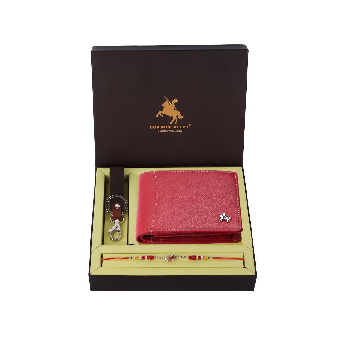 LONDON ALLEY Rakhi Gift Hamper for Brother - Classic brown Men's Leather Wallet, Keyring and Rakhi Combo Gift Set for Brother/Mens.