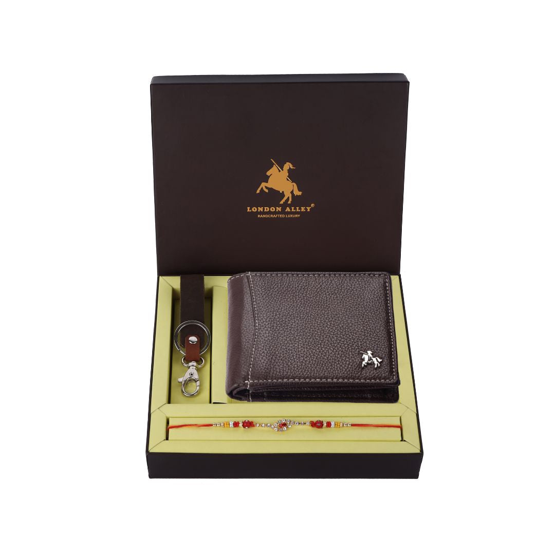 LONDON ALLEY Rakhi Gift Hamper for Brother - Classic brown Men's Leather Wallet, Keyring and Rakhi Combo Gift Set for Brother/Mens.