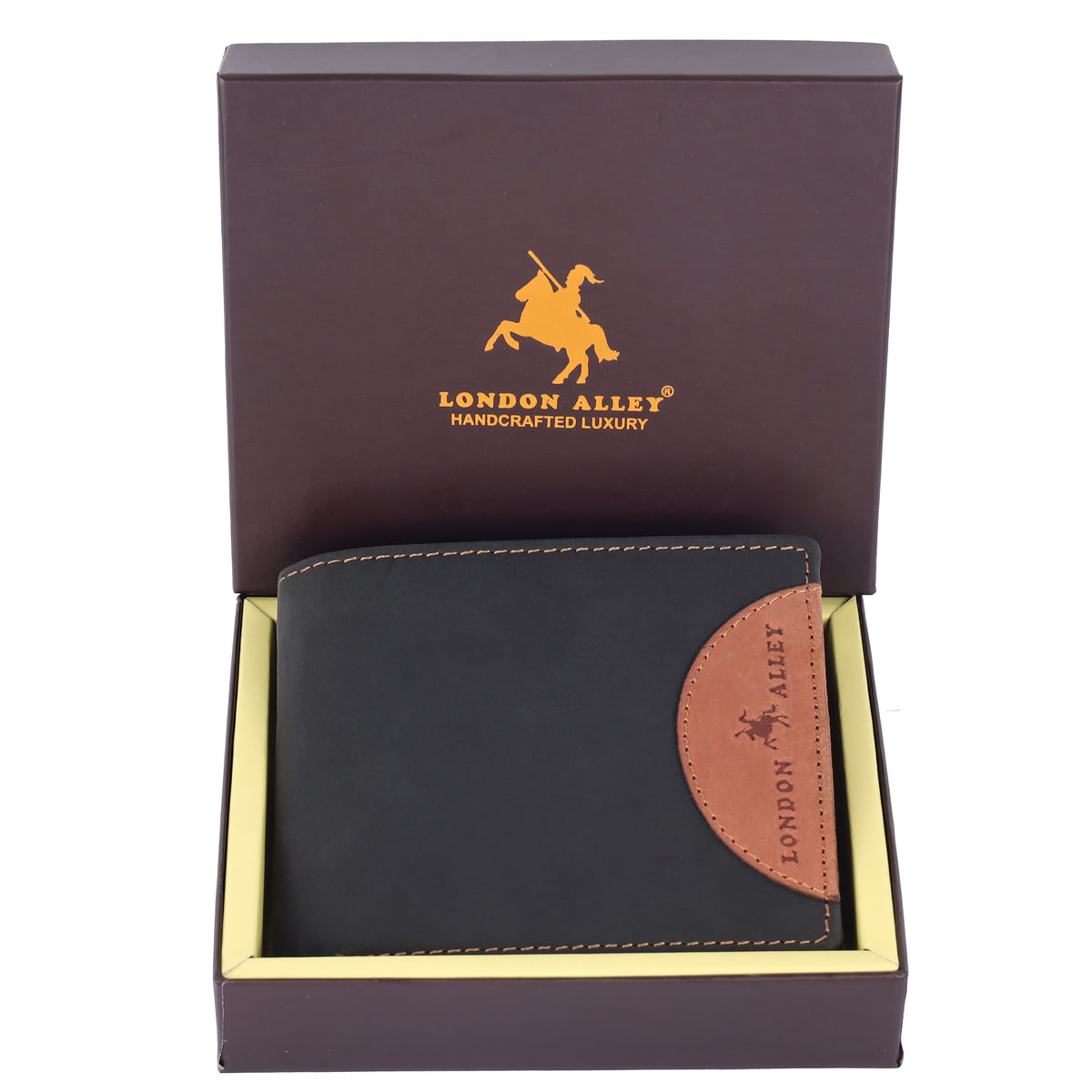 LONDON ALLEY Astor Vintage Black/Tan Men's Leather Wallet | RFID Protected | 6 Card Slots | Gift Box included.