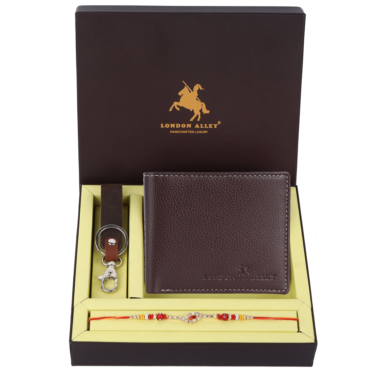 LONDON ALLEY Rakhi Gift Hamper for Brother - Men's Brown Leather Wallet, Brown Keyring and Rakhi Combo Gift Set for Brother