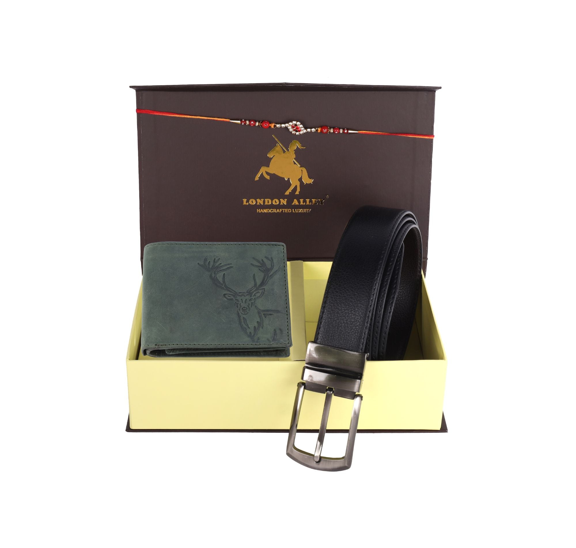 LONDON ALLEY Rakhi Gift Hamper - Harley Vintage Brown Leather Wallet, Reversable Brown/Black Belt & Traditional Rakhi Combo Gift Box for Men