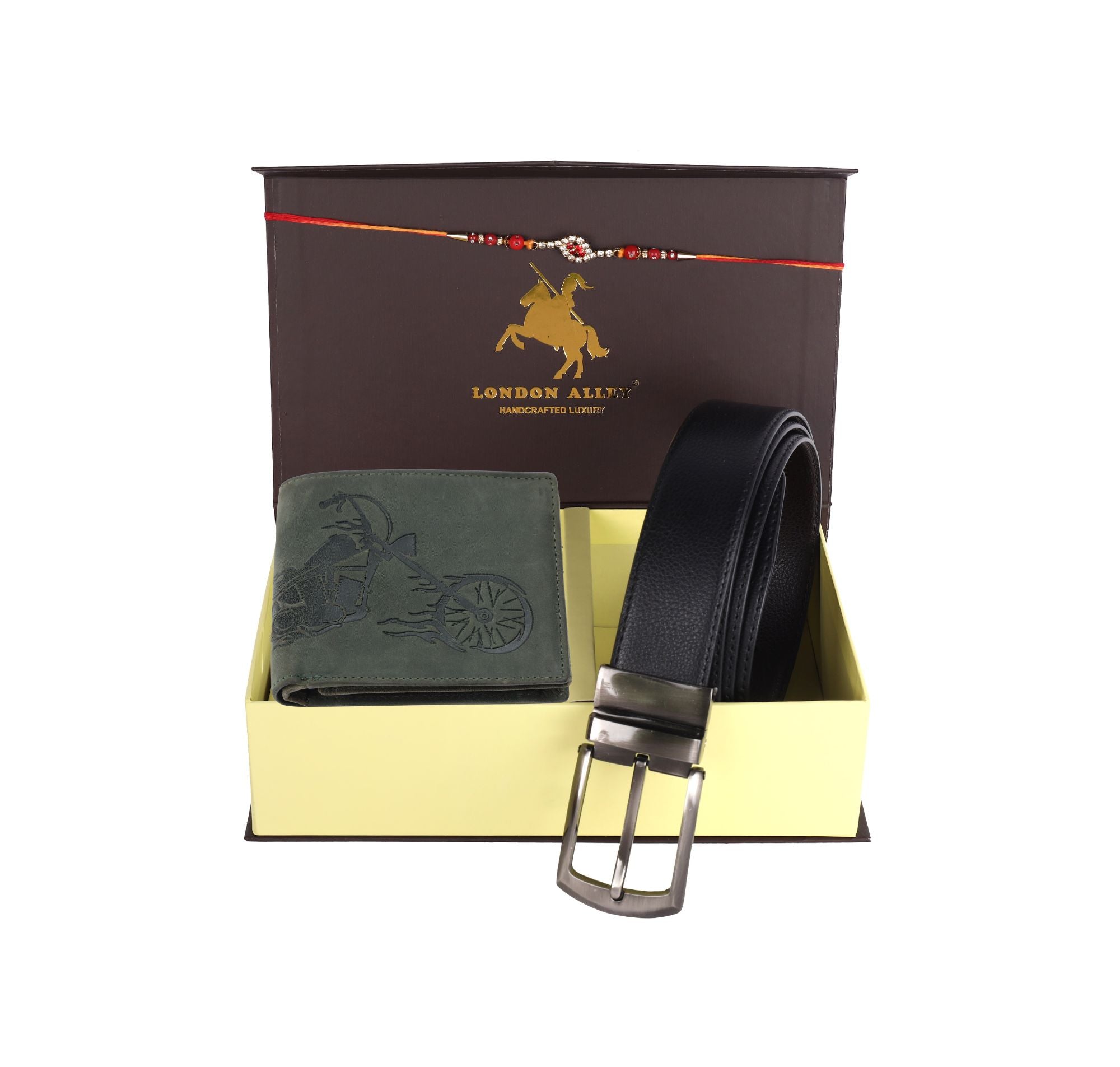 LONDON ALLEY Rakhi Gift Hamper - Harley Vintage Tan Leather Wallet, Reversable Brown/Black Belt & Traditional Rakhi Combo Gift Box for Men