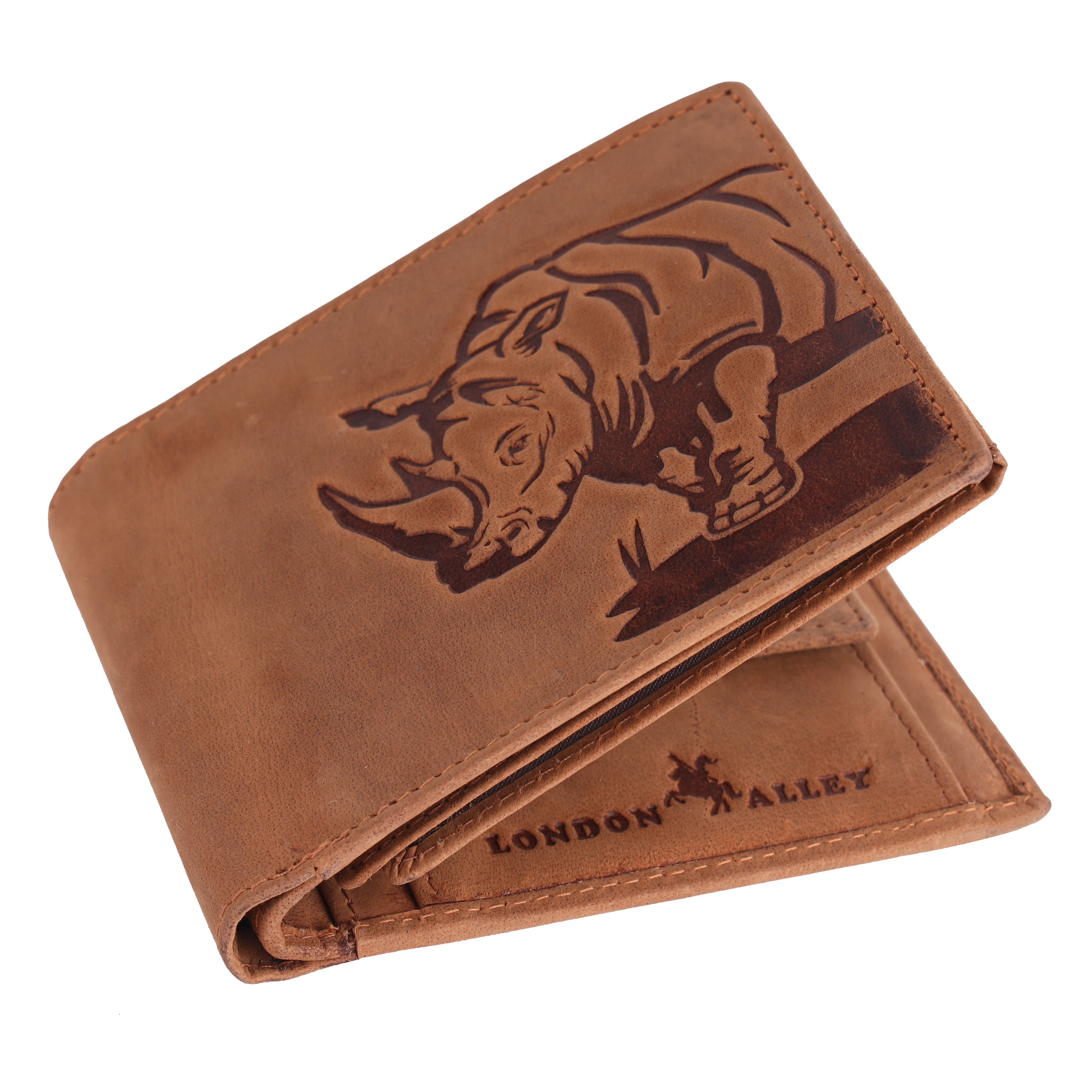 London Alley Rhino Vintage Tan Leather Wallet For Men, 6 Card Slot | RFID Blocking