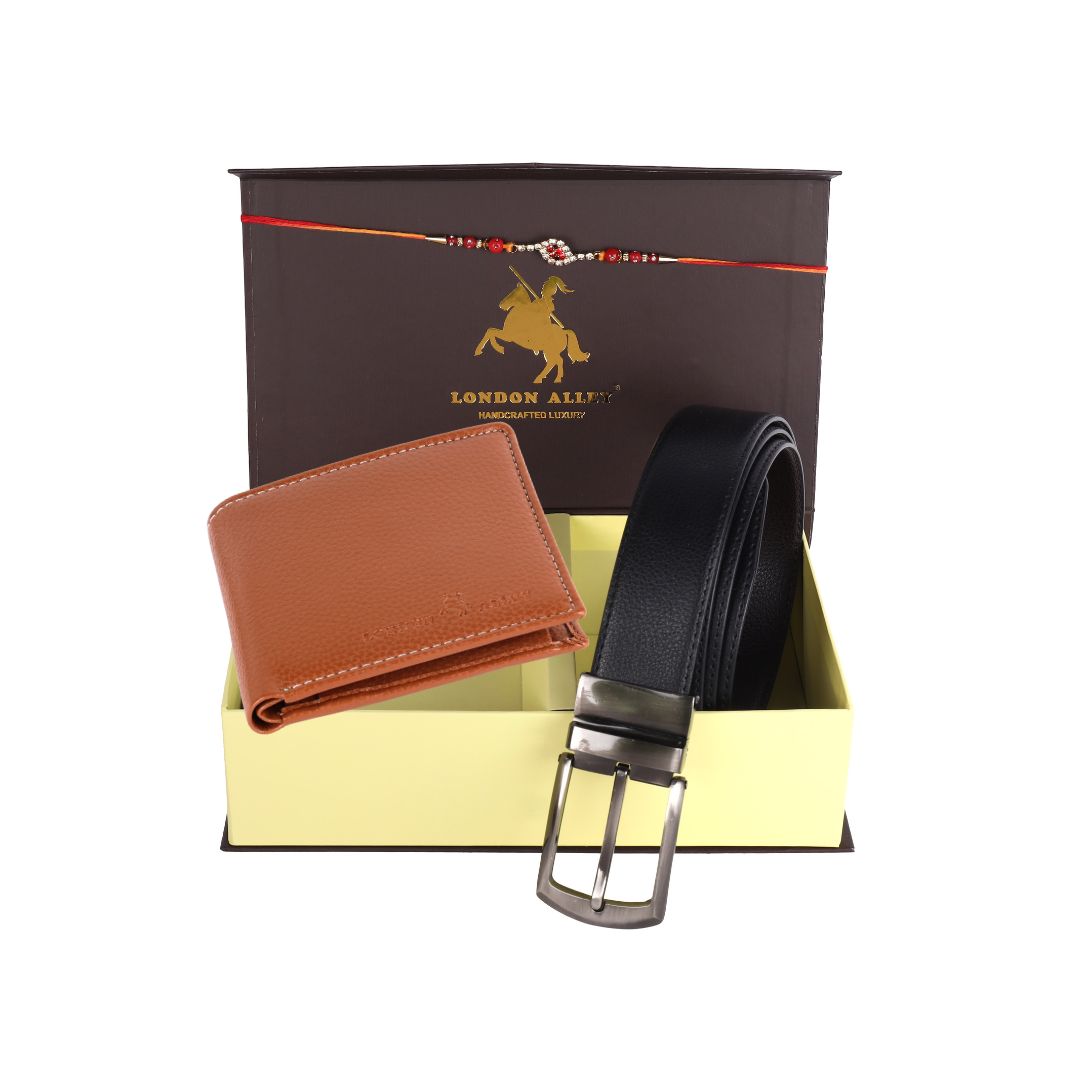 LONDON ALLEY Rakhi Gift Hamper - Classic Brown Leather Wallet, Reversable Brown/Black Belt & Traditional Rakhi Combo Gift Box for Men