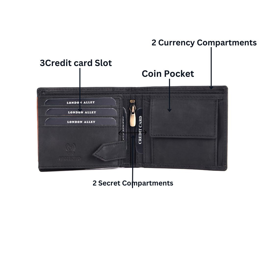 LONDON ALLEY Astor Vintage Black/Tan Men's Leather Wallet | RFID Protected | 6 Card Slots | Gift Box included.