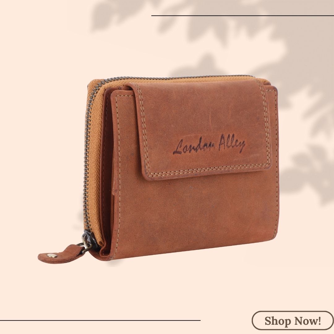 LONDON ALLEY Diva Tan Card Case with Multiple card slots and zippered compartments.