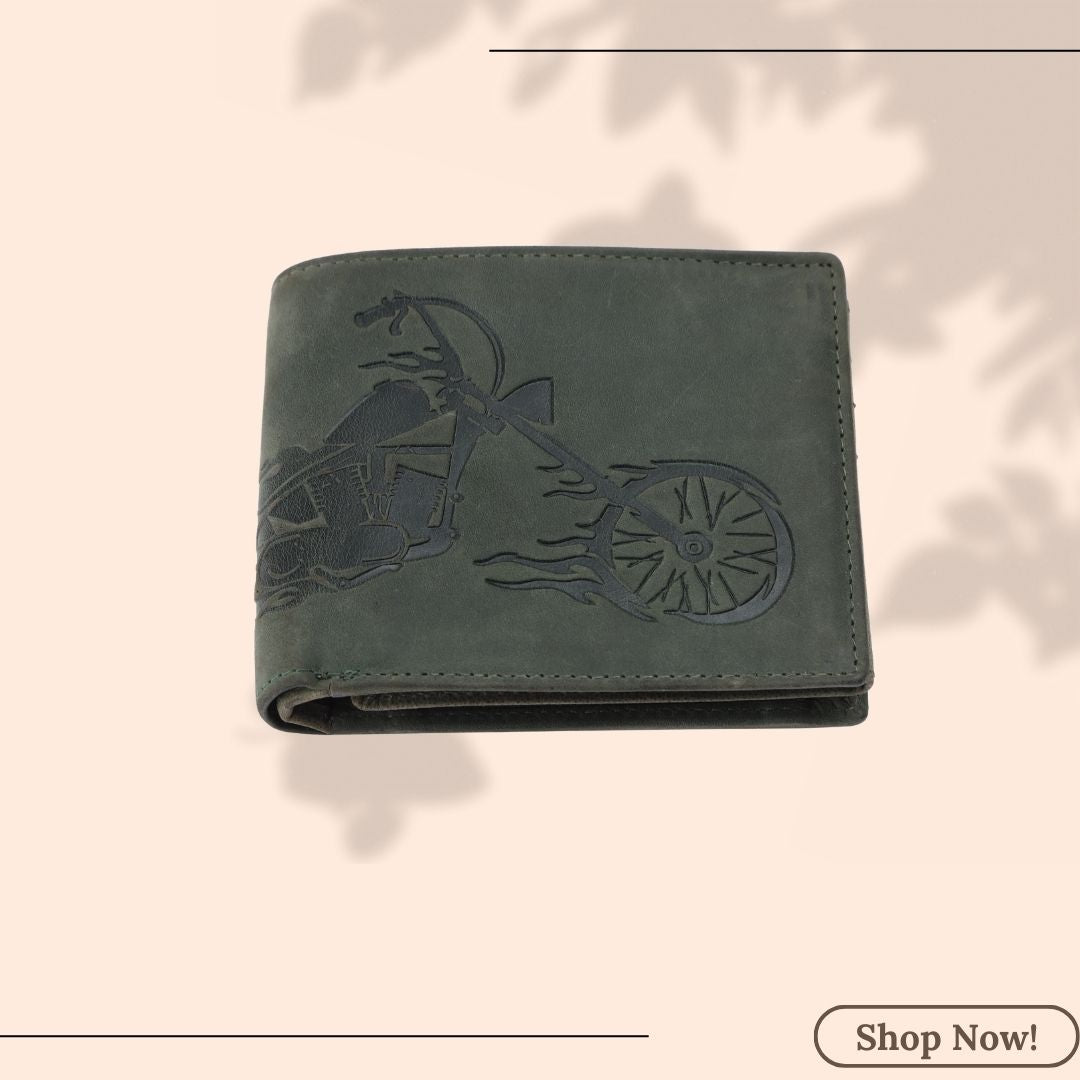 London Alley Harley Rakhi Gift Hamper for Brother - Men's Vintage Green Leather Wallet, Brown Keyring and Rakhi Combo Gift Set for Brother