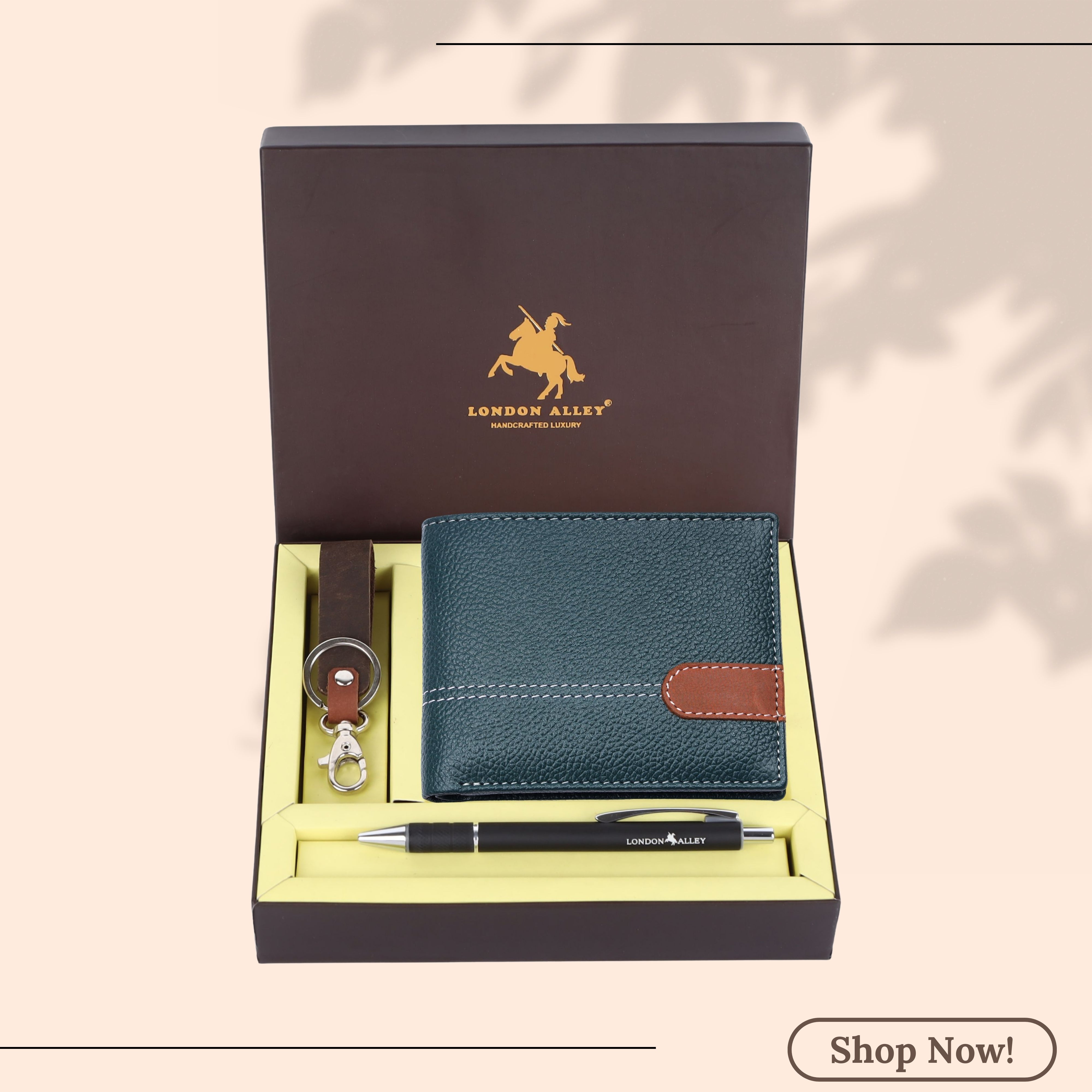LONDON ALLEY Ash Classic Black Leather Wallet, Keyring & Pen Combo Gift Hamper for Men