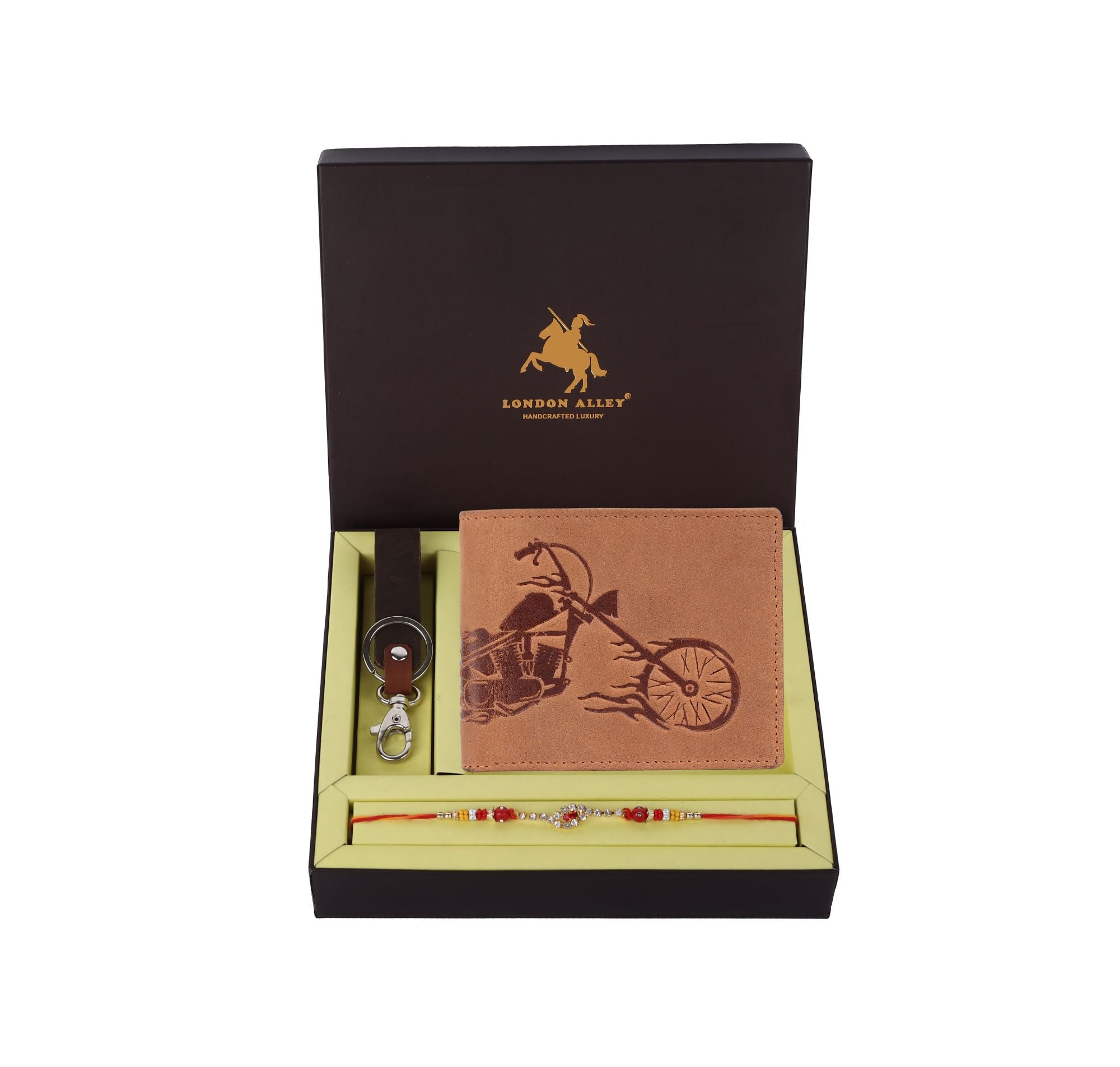 London Alley Harley Rakhi Gift Hamper for Brother - Men's Vintage Red Leather Wallet, Brown Keyring and Rakhi Combo Gift Set for Brother