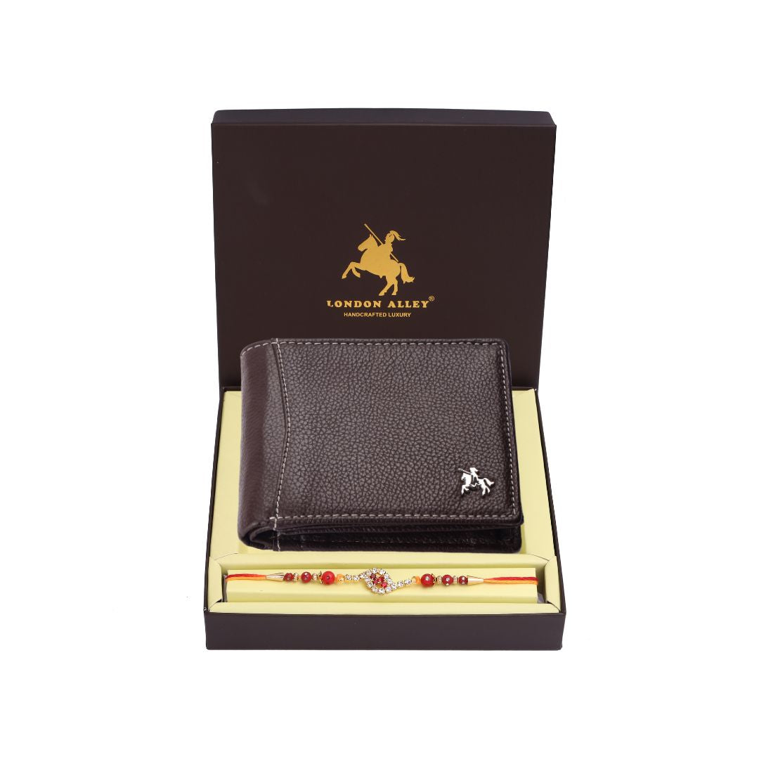 LONDON ALLEY Rakhi Gift Hamper for Brother - Classic Brown Men's Leather Wallet, Keyring and Rakhi Combo Gift Set for Brother/Mens.