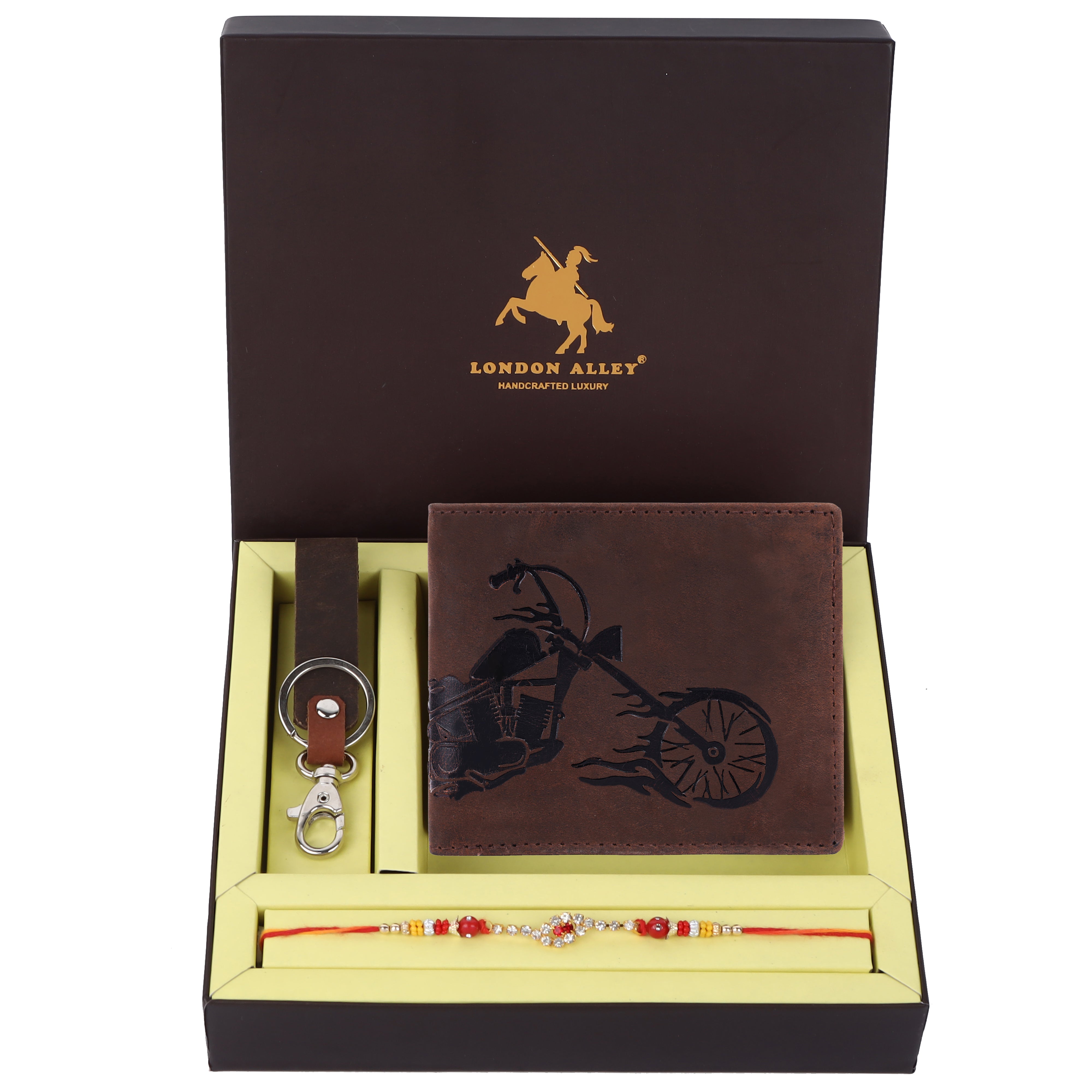 London Alley Harley Rakhi Gift Hamper for Brother - Men's Vintage Red Leather Wallet, Brown Keyring and Rakhi Combo Gift Set for Brother