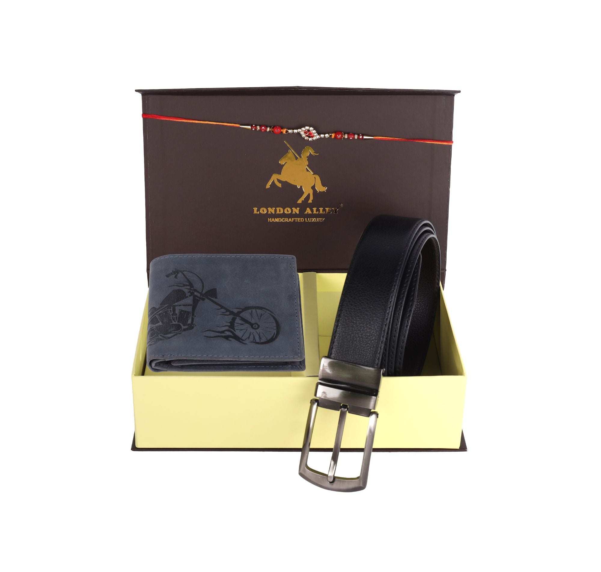 LONDON ALLEY Rakhi Gift Hamper - Harley Vintage Tan Leather Wallet, Reversable Brown/Black Belt & Traditional Rakhi Combo Gift Box for Men