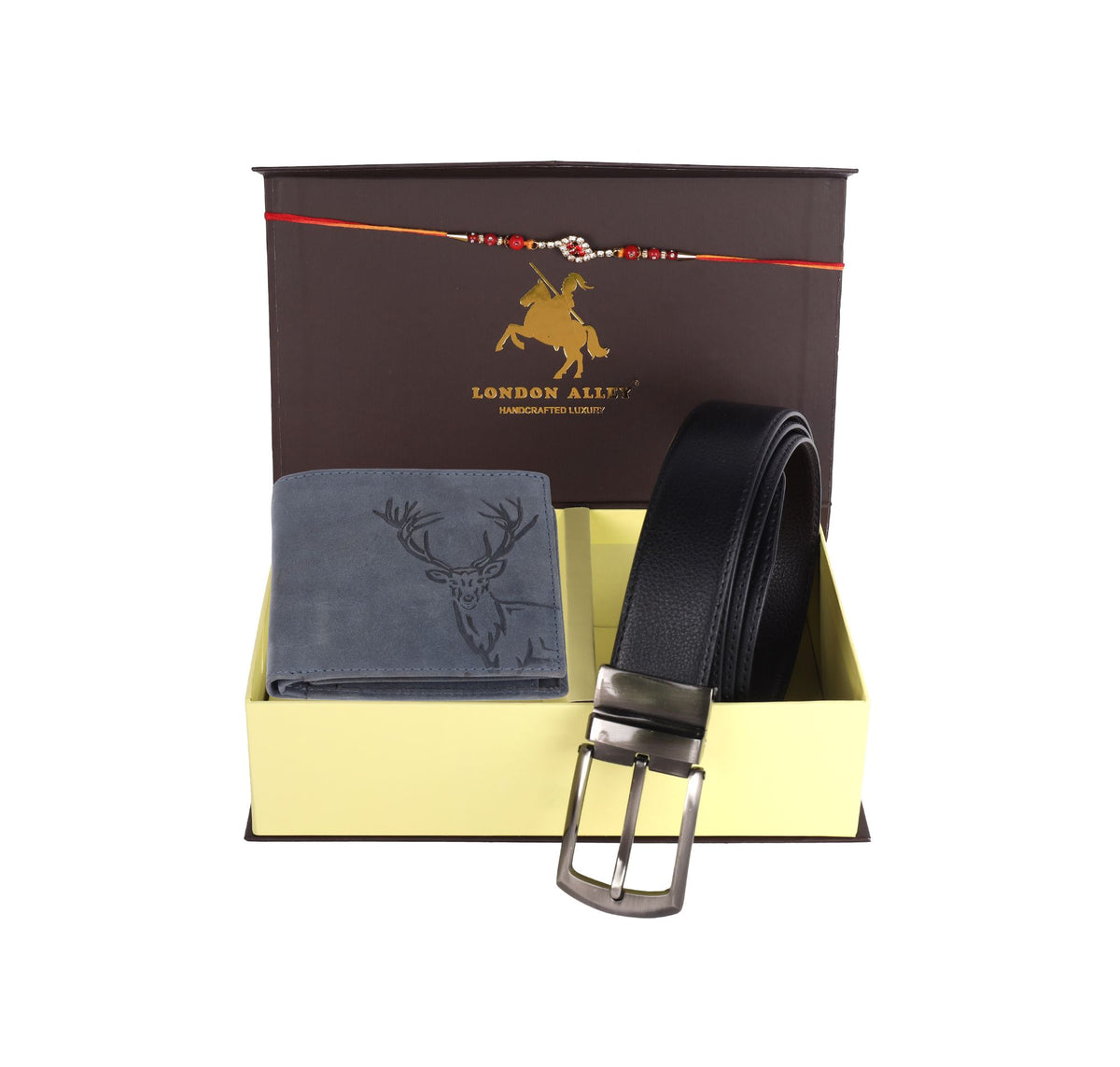 LONDON ALLEY Rakhi Gift Hamper - Harley Vintage Brown Leather Wallet, Reversable Brown/Black Belt & Traditional Rakhi Combo Gift Box for Men