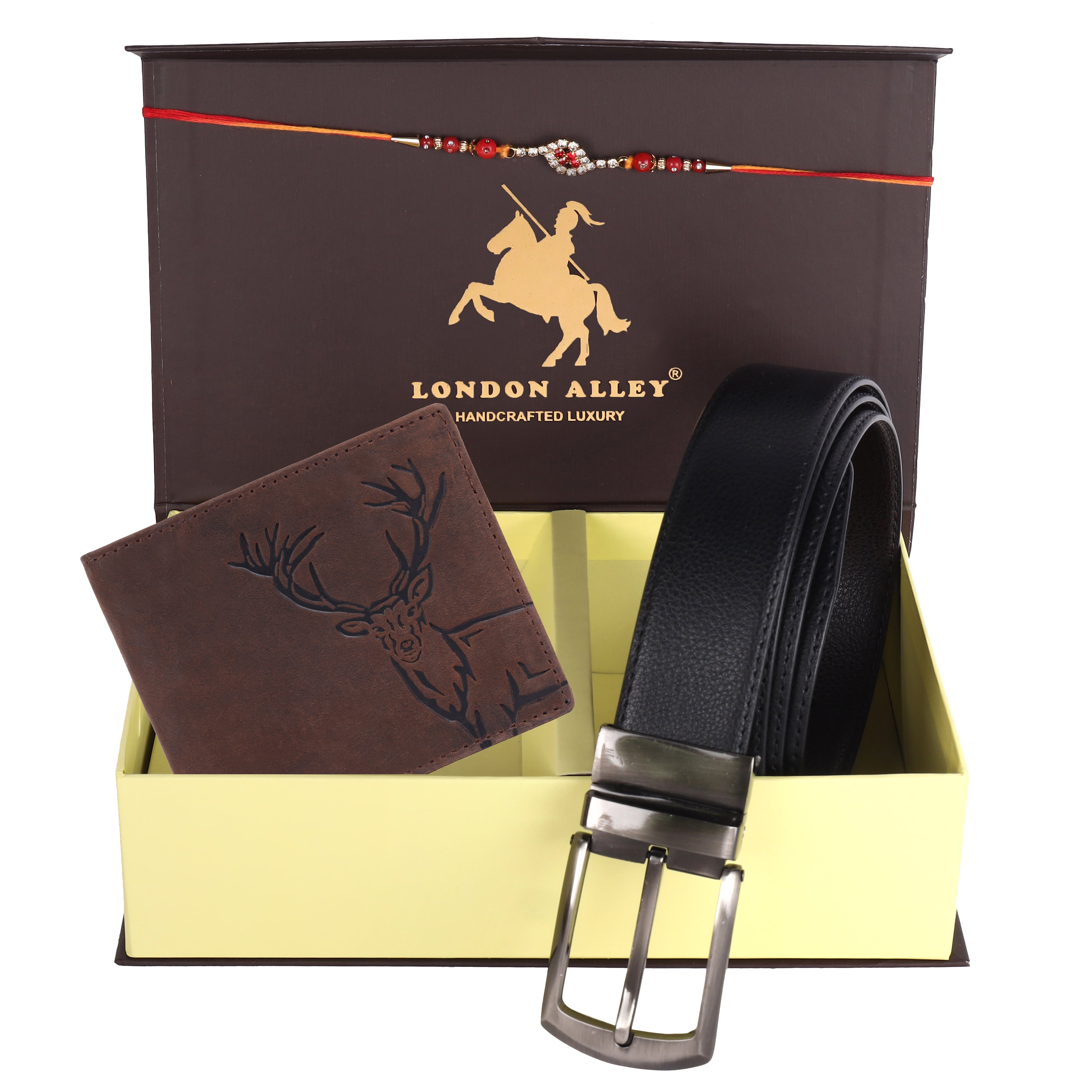 LONDON ALLEY Rakhi Gift Hamper - Harley Vintage Brown Leather Wallet, Reversable Brown/Black Belt & Traditional Rakhi Combo Gift Box for Men