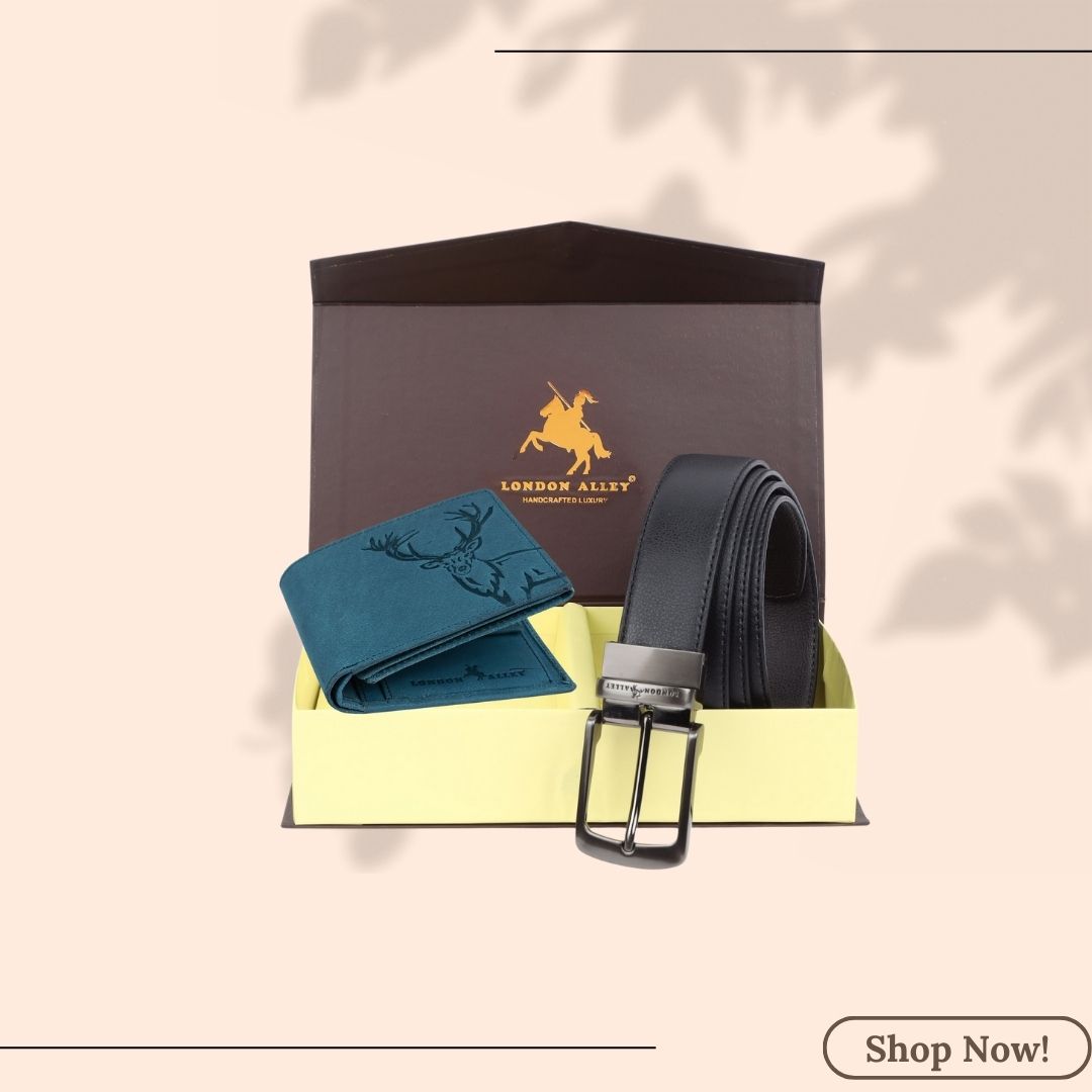 LONDON ALLEY ELK RFID Blocking Vintage Brown Leather Wallet & Black/Brown Reversible Belt Combo Gift Box for Men