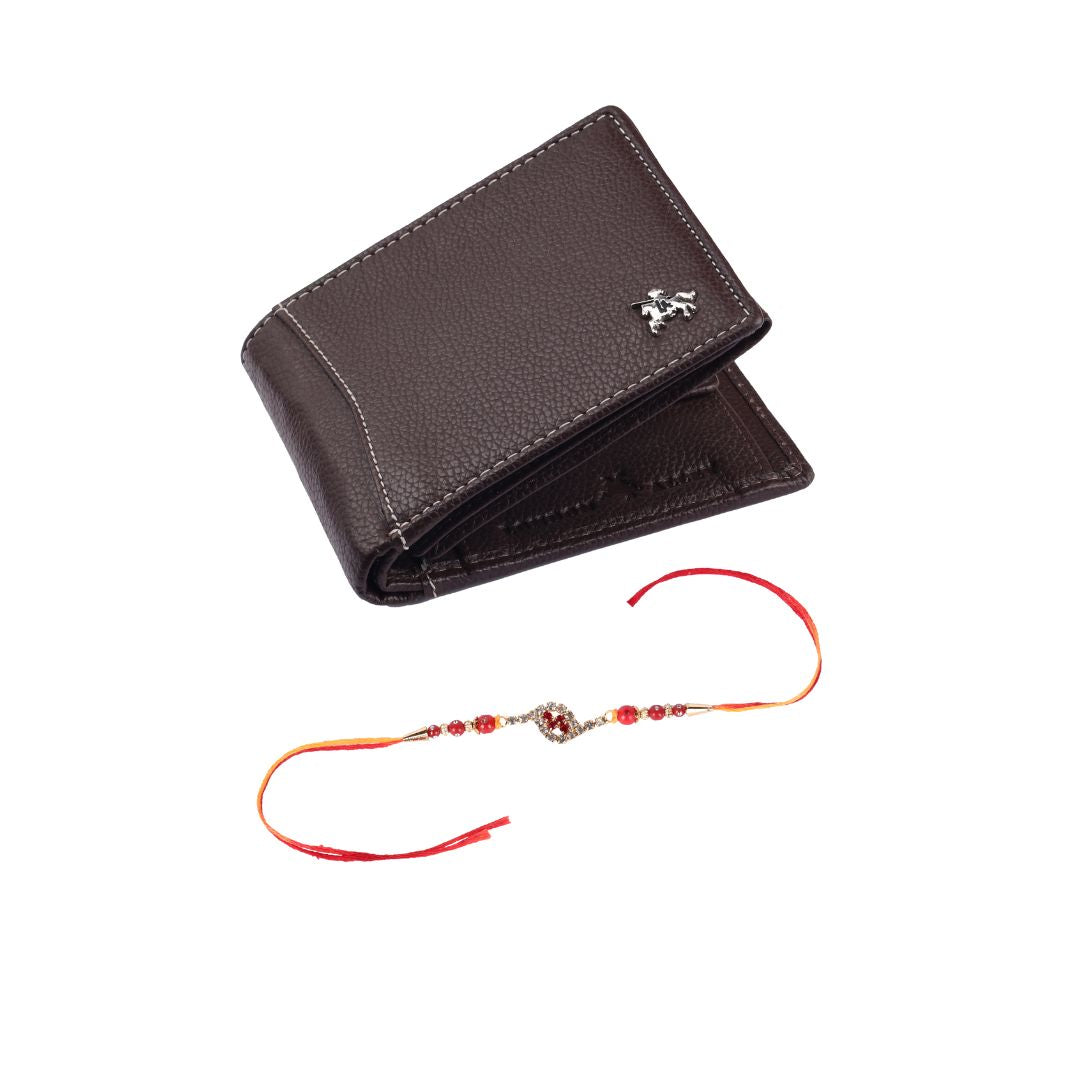 LONDON ALLEY Rakhi Gift Hamper for Brother - Classic Brown Men's Leather Wallet, Keyring and Rakhi Combo Gift Set for Brother/Mens.