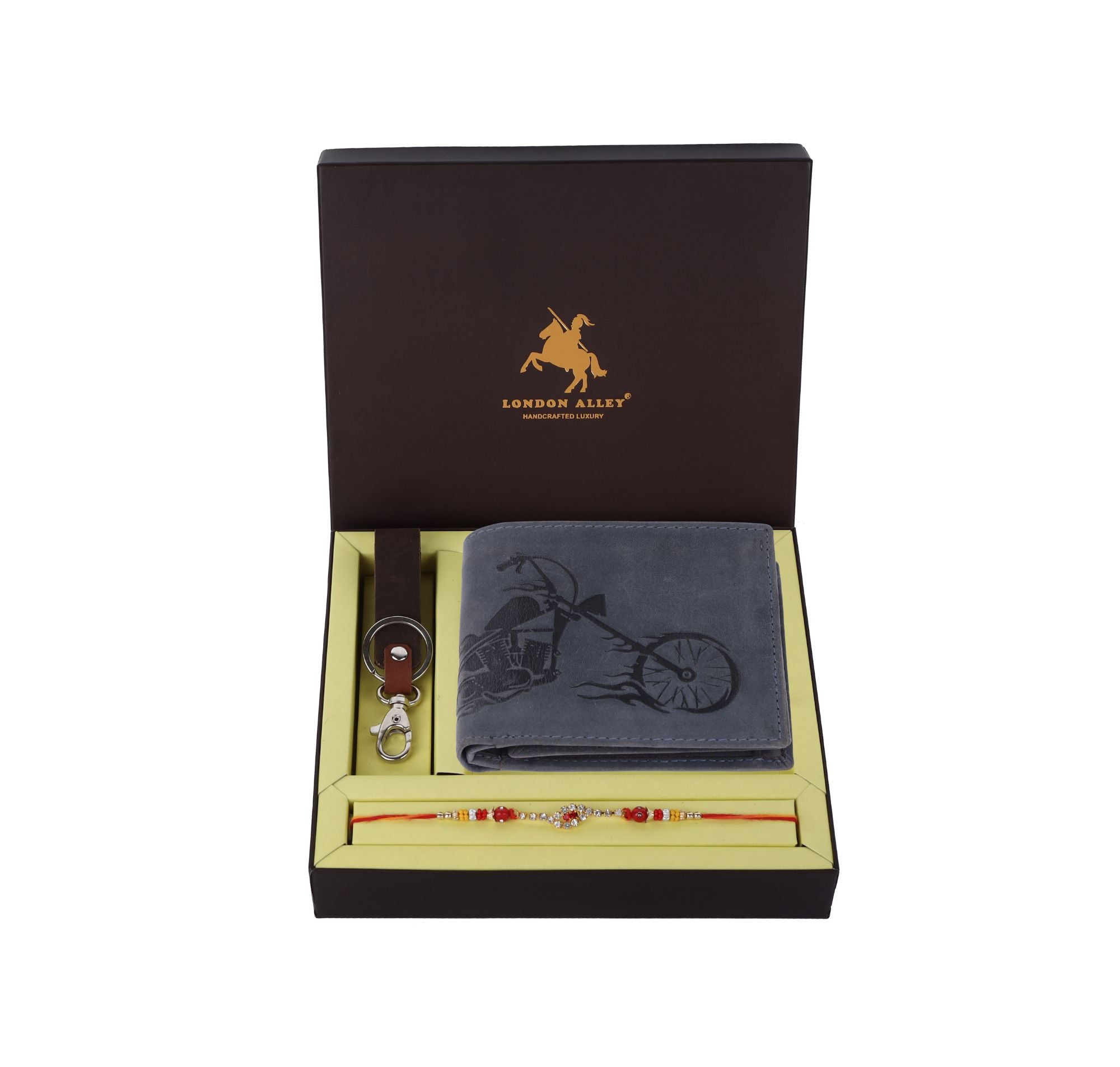 London Alley Harley Rakhi Gift Hamper for Brother - Men's Vintage Red Leather Wallet, Brown Keyring and Rakhi Combo Gift Set for Brother