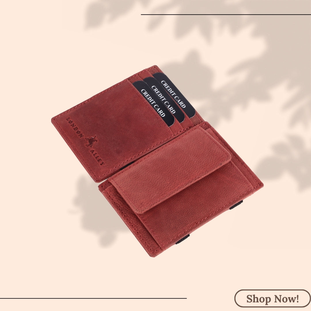 LONDON ALLEY Vintage Red Leather Magic Wallet for Men with Card Slots and Coin Pocket