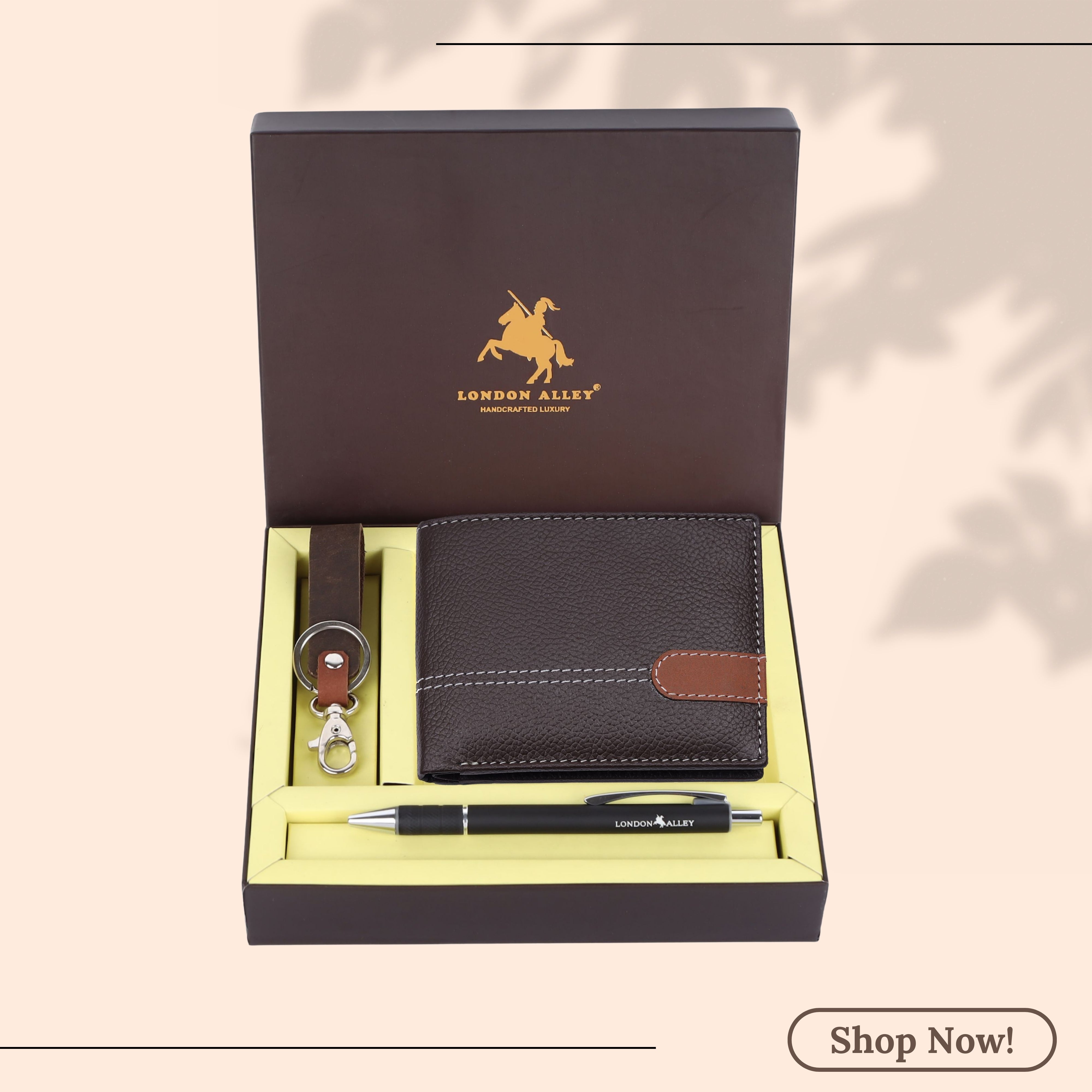 LONDON ALLEY Ash Classic Black Leather Wallet, Keyring & Pen Combo Gift Hamper for Men