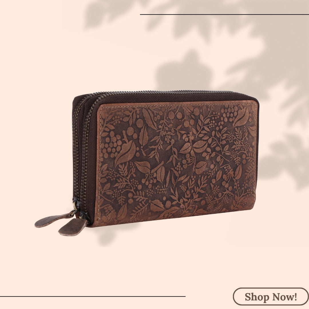 LONDON ALLEY Ana Brown Clutch | Ladies Purse with Card holders | Floral printed design.