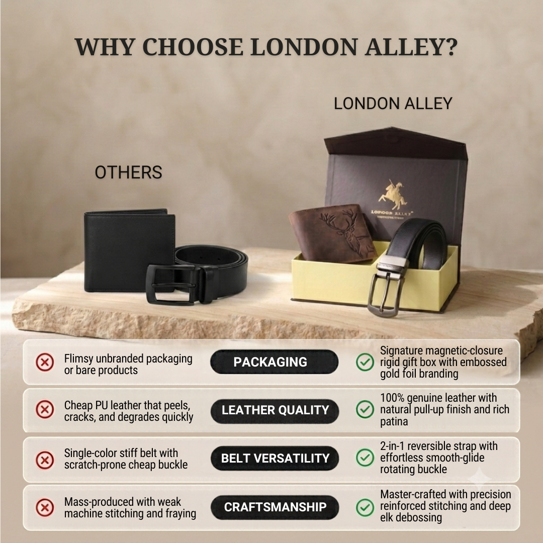LONDON ALLEY ELK RFID Blocking Vintage Leather Wallet & Black/Brown Reversible Belt Combo Gift Box for Men