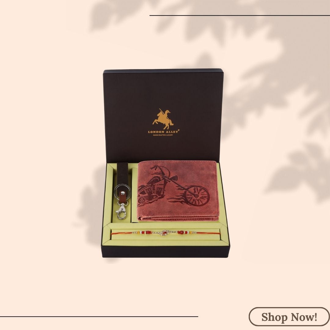 London Alley Harley Rakhi Gift Hamper for Brother - Men's Vintage Green Leather Wallet, Brown Keyring and Rakhi Combo Gift Set for Brother