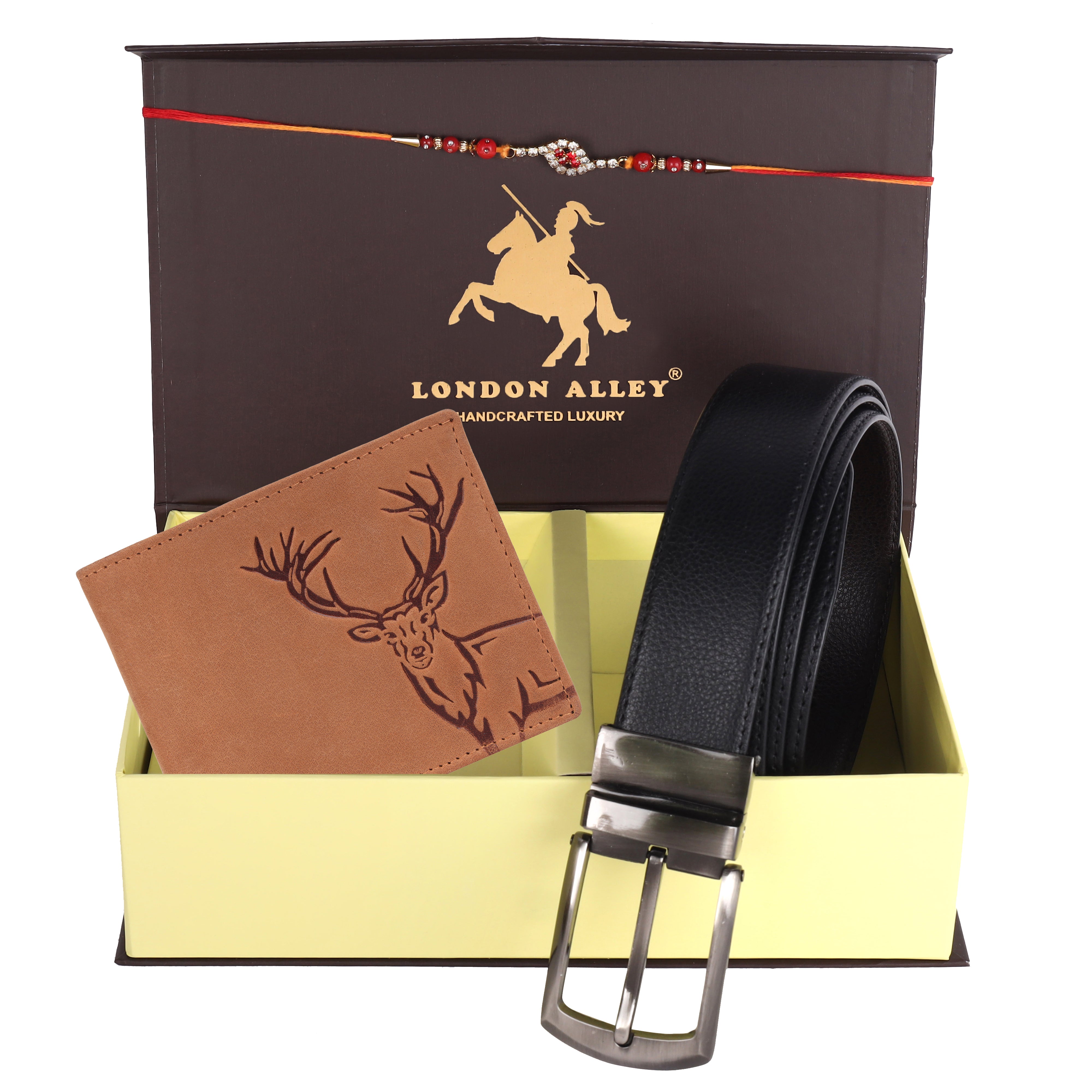 LONDON ALLEY Rakhi Gift Hamper - Harley Vintage Brown Leather Wallet, Reversable Brown/Black Belt & Traditional Rakhi Combo Gift Box for Men