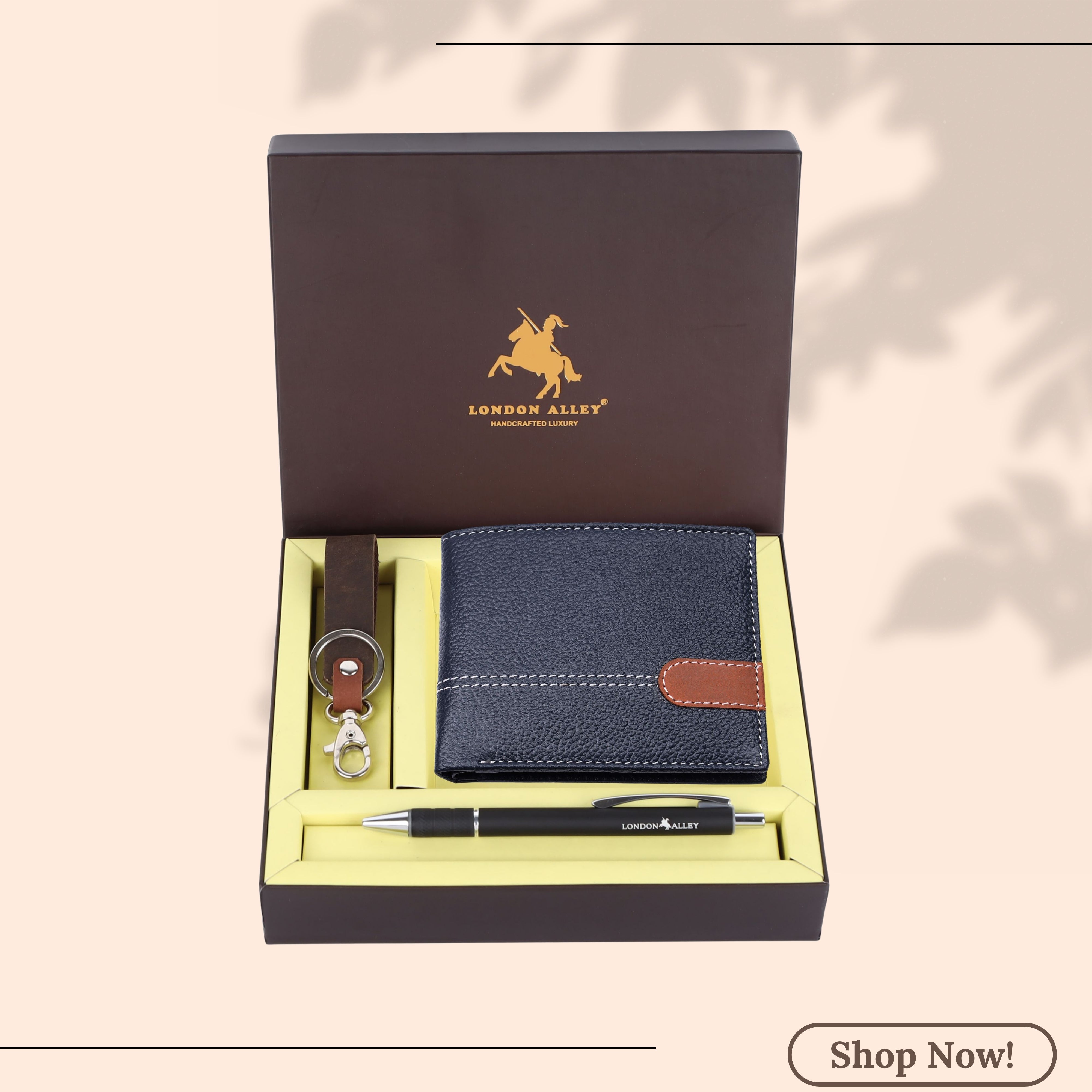 LONDON ALLEY Ash Classic Black Leather Wallet, Keyring & Pen Combo Gift Hamper for Men
