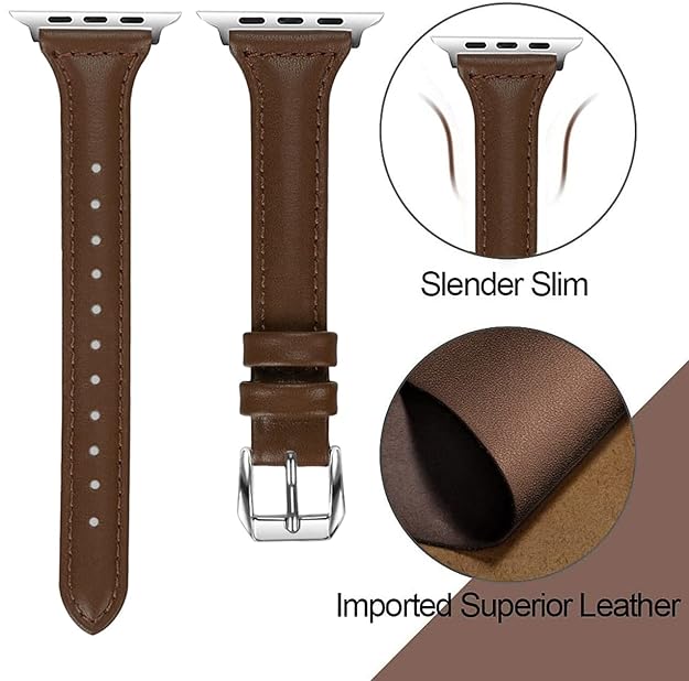 LONDON ALLEY Brown Leather Watch Strap for Women/Girls Compatible with Apple Watch Series 9 | 8 | 7 | 6 | 5 | 4 | 3 | 2 | 1 | SE, Top Grain Slim Leather Strap.