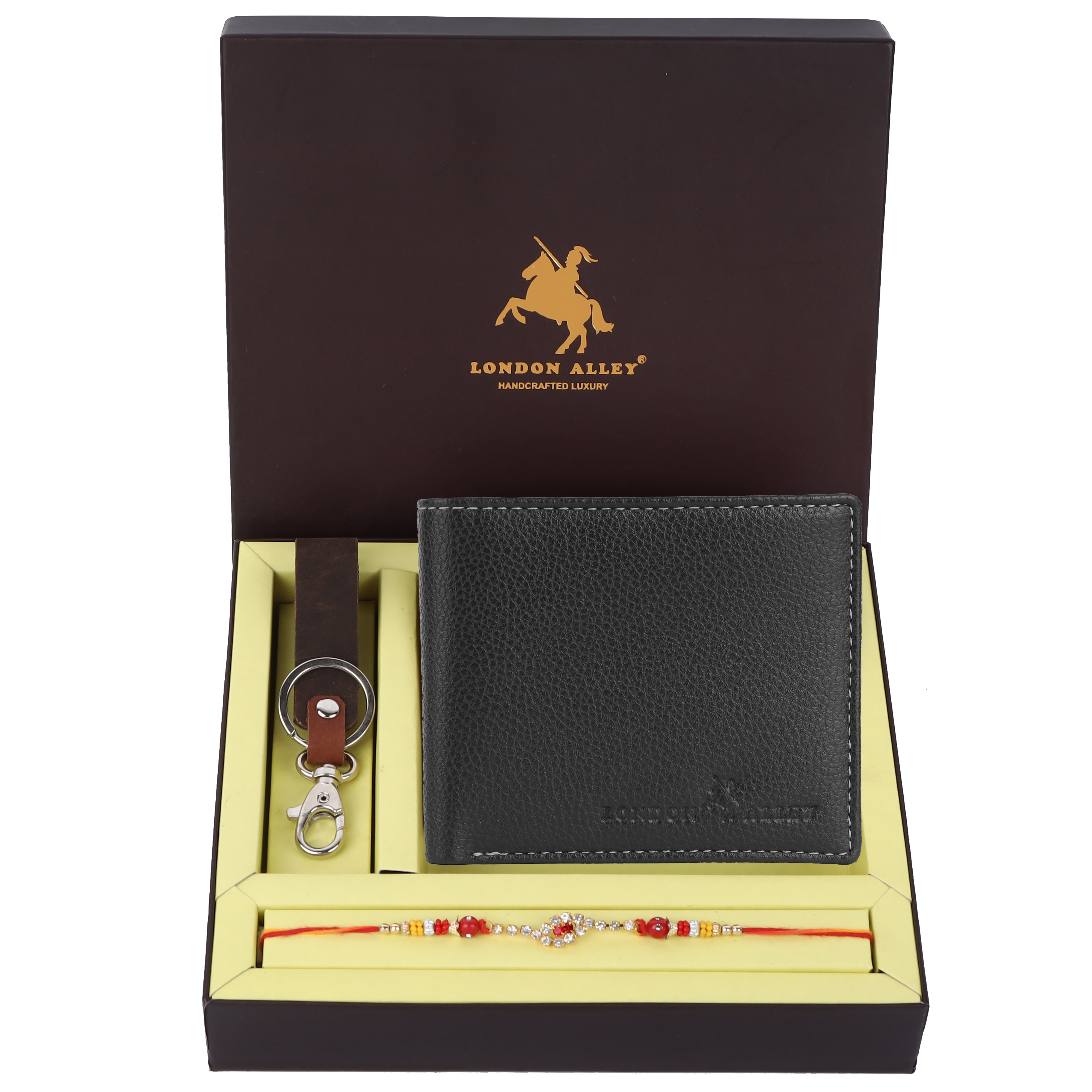 LONDON ALLEY Rakhi Gift Hamper for Brother - Men's Brown Leather Wallet, Brown Keyring and Rakhi Combo Gift Set for Brother