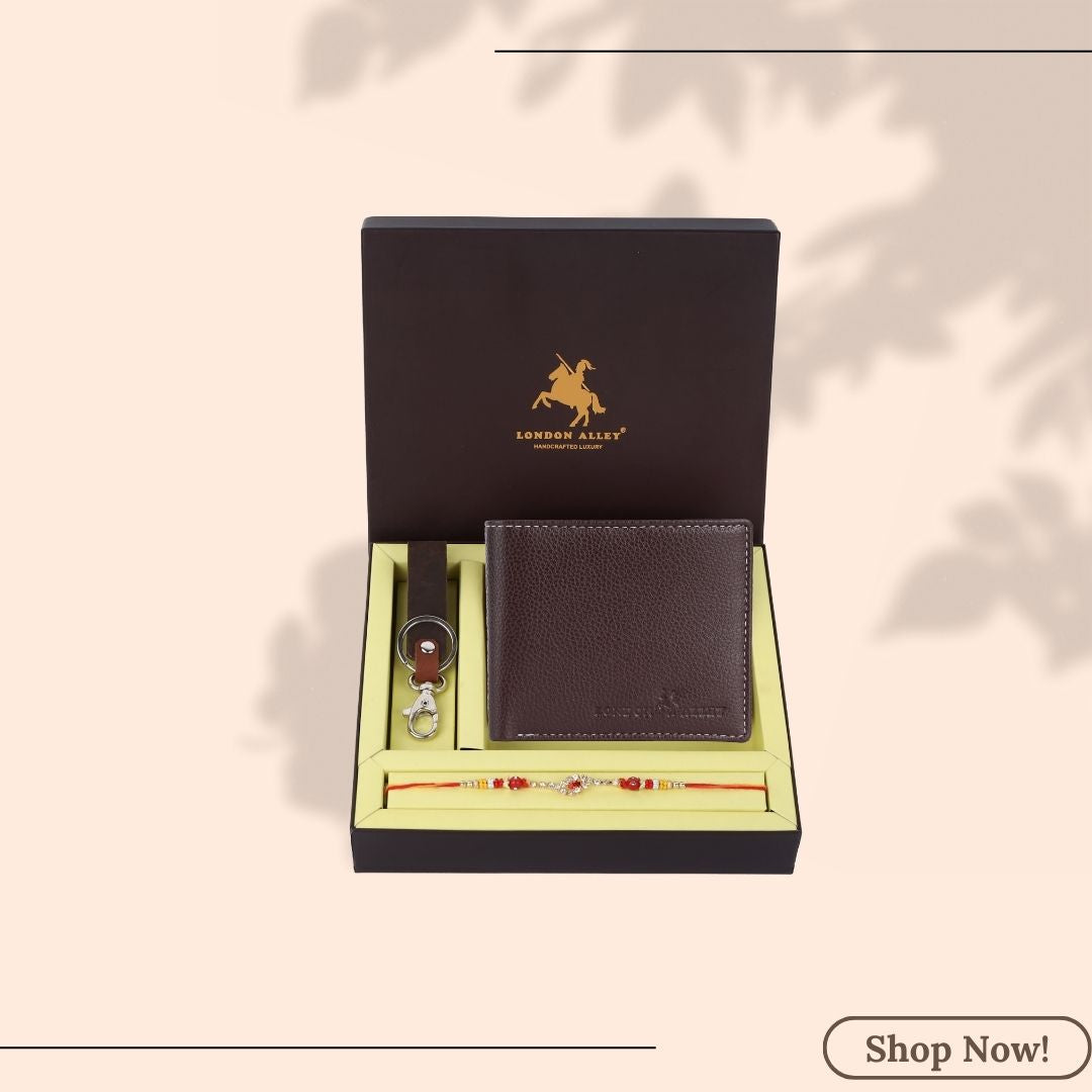 LONDON ALLEY Rakhi Gift Hamper for Brother - Men's Brown Leather Wallet, Brown Keyring and Rakhi Combo Gift Set for Brother