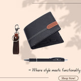 LONDON ALLEY Ash Classic Black Leather Wallet, Keyring & Pen Combo Gift Hamper for Men