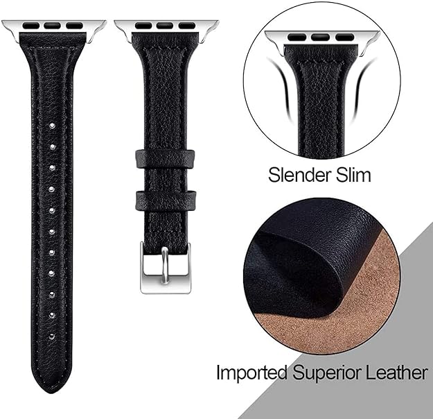 LONDON ALLEY Leather Watch Strap for Women/Girls Compatible with Apple Watch Series 9 | 8 | 7 | 6 | 5 | 4 | 3 | 2 | 1 | SE, Top Grain Slim Leather Strap.